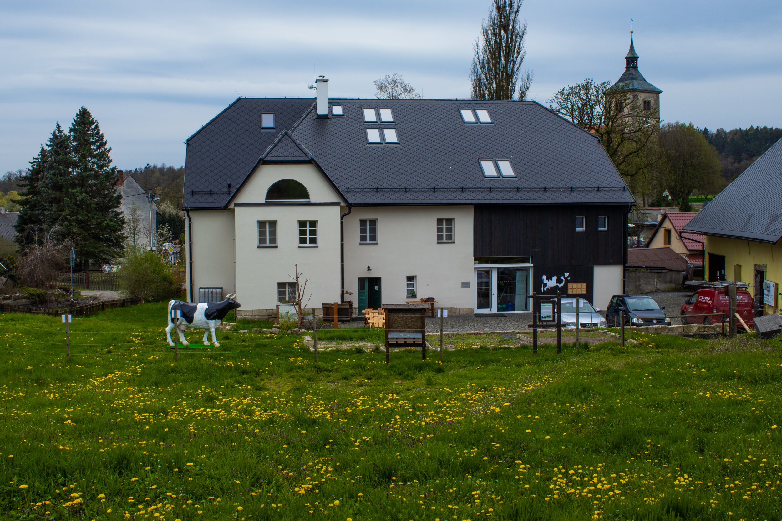 A large building with a black, sloped roof and white walls, situated behind a grassy field with yellow flowers and a cow sculpture. The building has several windows and a small outdoor seating area. In the background, there is a church steeple and tr
