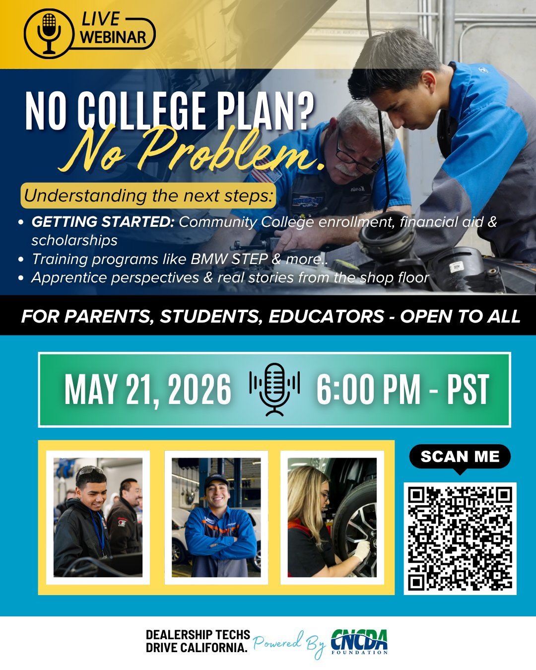 ‼️HAPPENING TOMMOROW - DON'T MISS OUT!🎙️ 

 No College Plan? No Problem!! 🚗

This session will guide students &amp; parents through the pathway to successful, high-demand, &amp; high-paying careers in today&rsquo;s automotive industry.

LEARN MORE 