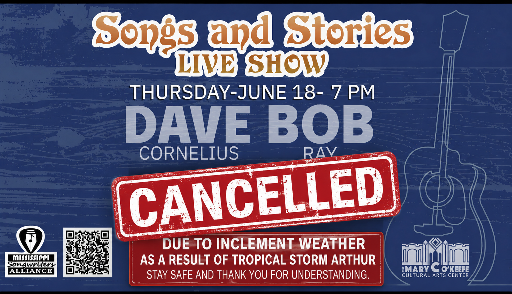 EVENT CANCELLED DUE TO WEATHER CONCERNS MSA Songs and Stories Live Show
