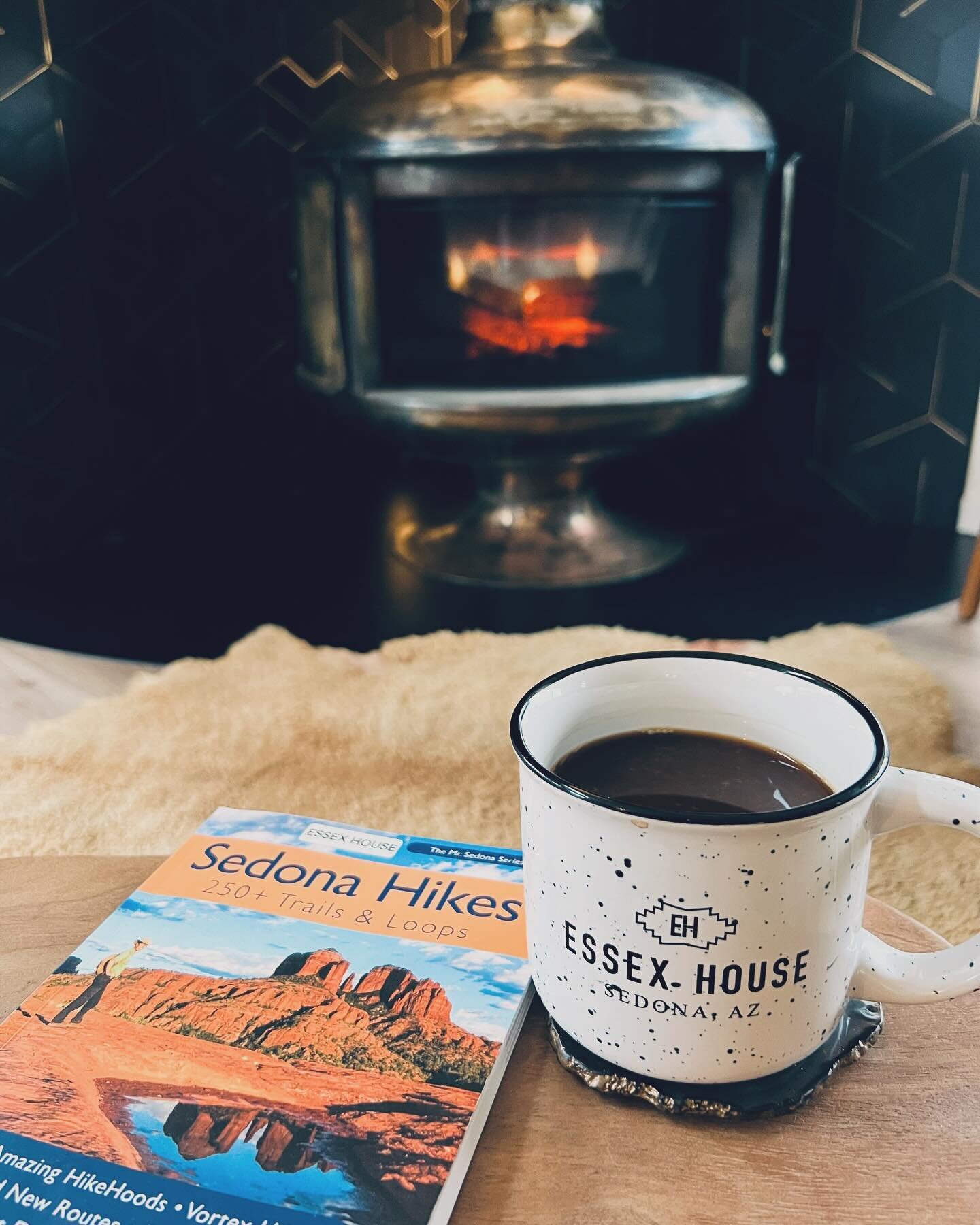 Planning our hikes while getting cosy by the fireplace. #sedona #coffeetime