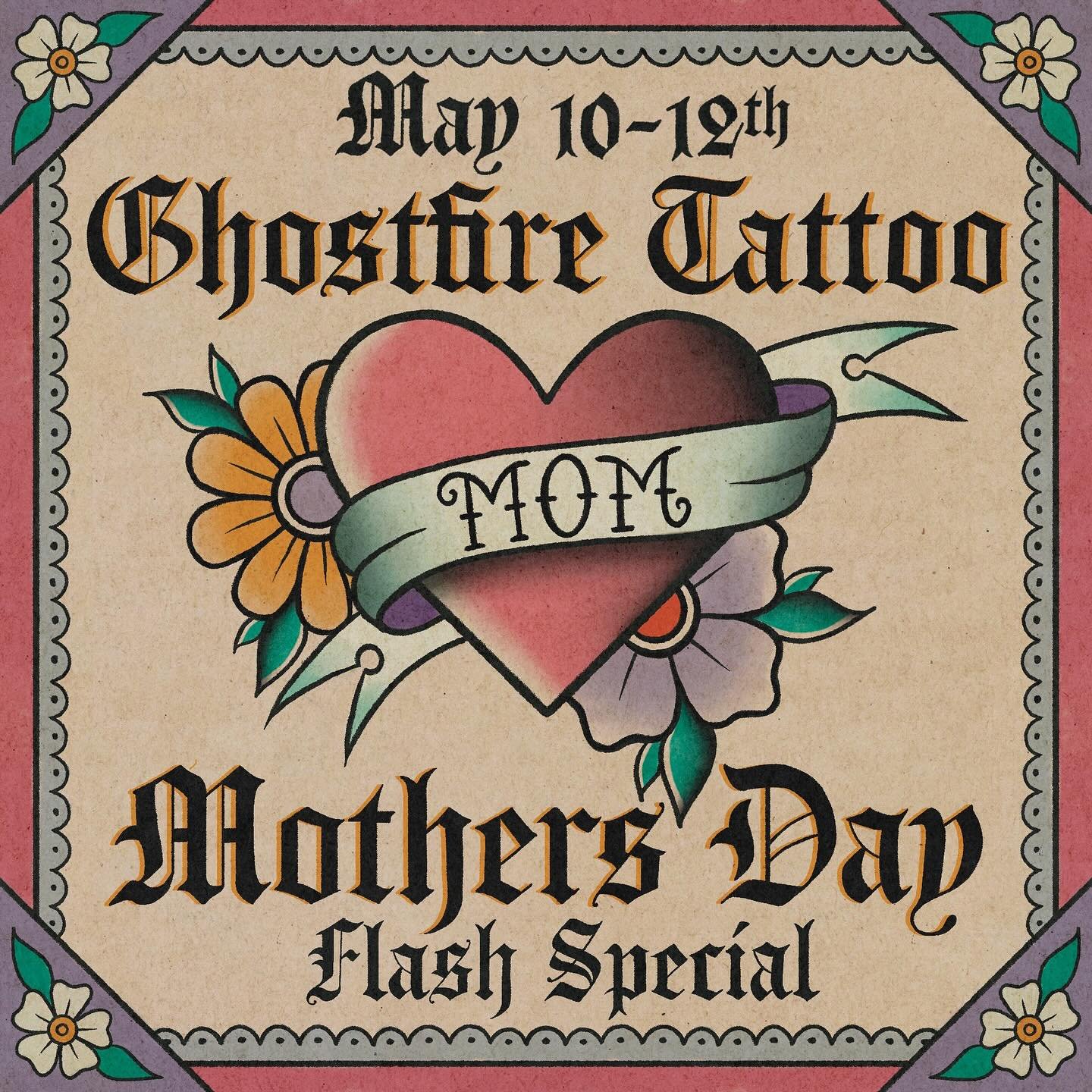 Show your mom how much you love her and swing by Ghostfire this Mother&rsquo;s Day for our flash special 💕 We&rsquo;ll have special rates on our Mother&rsquo;s Day flash designs all weekend!