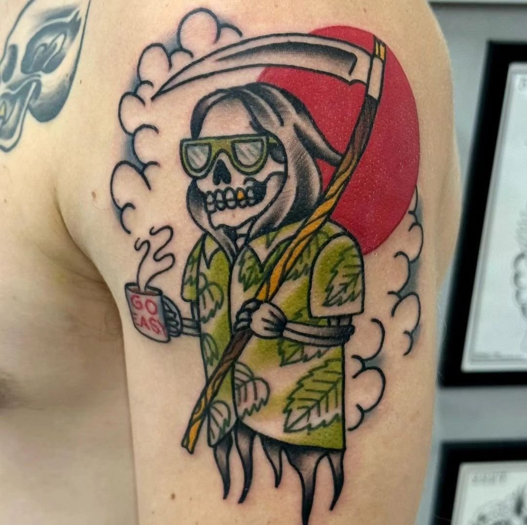 Chill vibes for another rainy day 💤 throwback to this fun one by @jeffpatterson_tattoo 

#shreveporttattooartist #louisianatattooartist #grimreapertattoo #reapertattoo #traditionaltattoo #tradtattoos