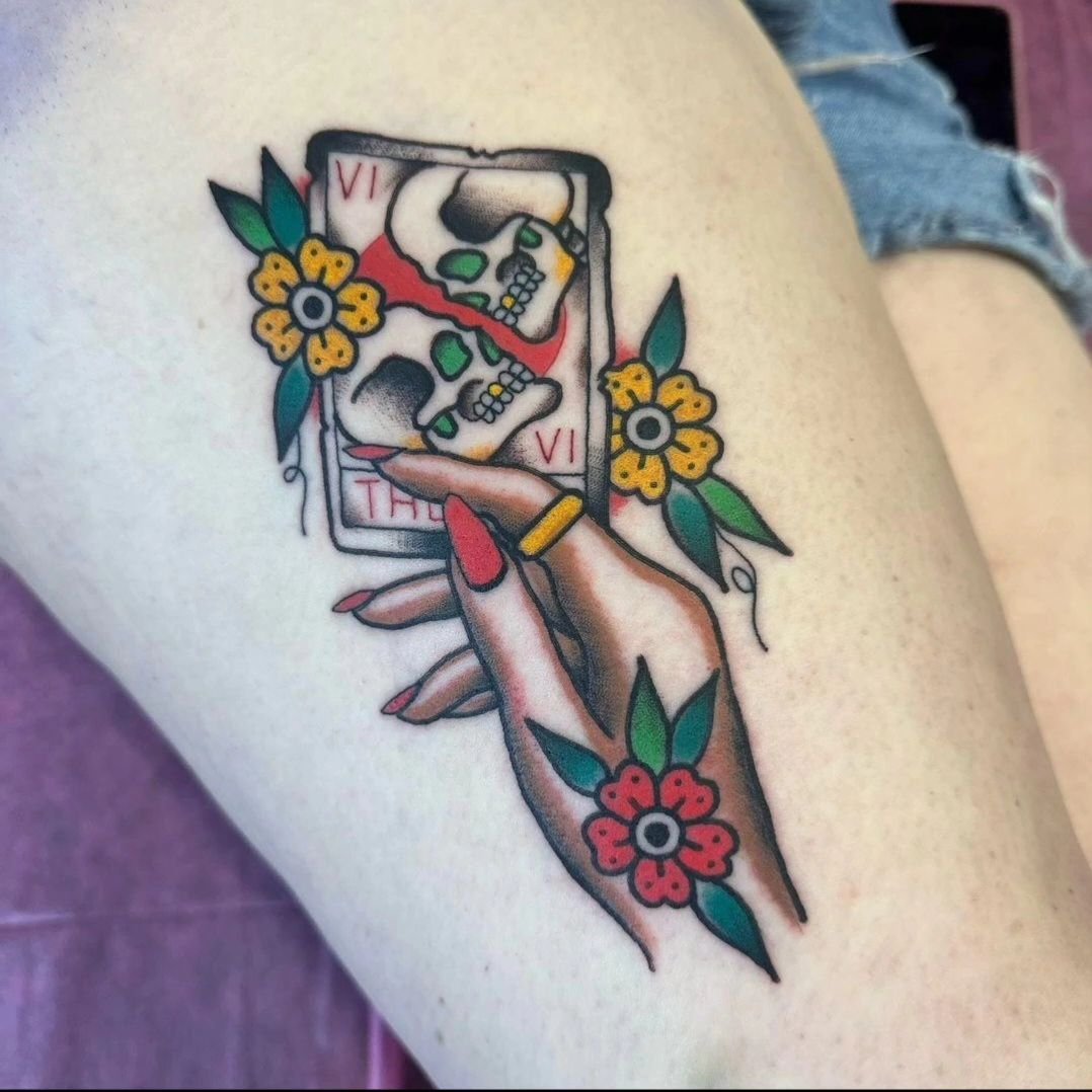 Lovers in life, and in death ❤️&zwj;🔥badass piece by @shanemccormicktattoos 

#tarot #tarottattoo #tarotcardtattoo #thelovers #americantraditional #traditionaltattoo #tradtattoos #shreveporttattooartist #louisianatattooartist