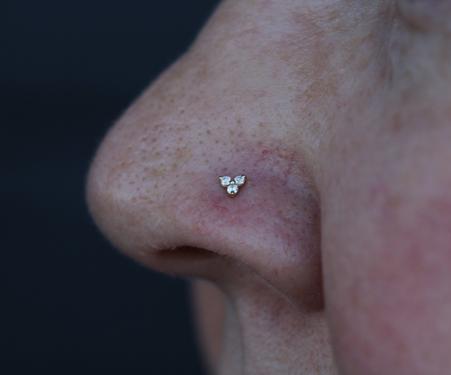 CZ triplet set in solid 14k gold for this nostril piercing done by @darby.pokes