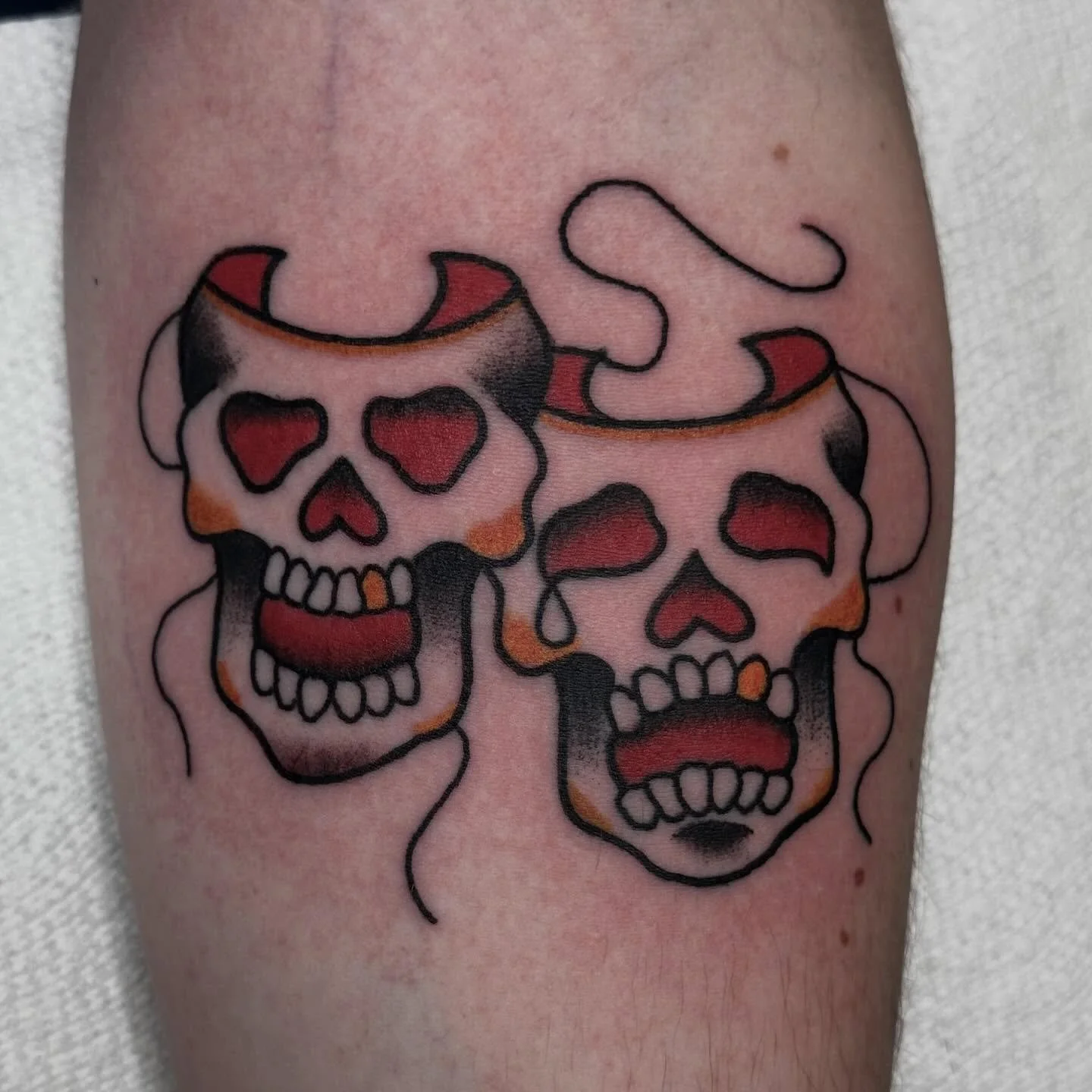 Laugh now cry later @shanemccormicktattoos 
We have walk-in availability all week long! Stop in or give us a call (318) 562-3021 to set something up! 
#americantraditionaltattoo #comedyandtragedy #shreveportla