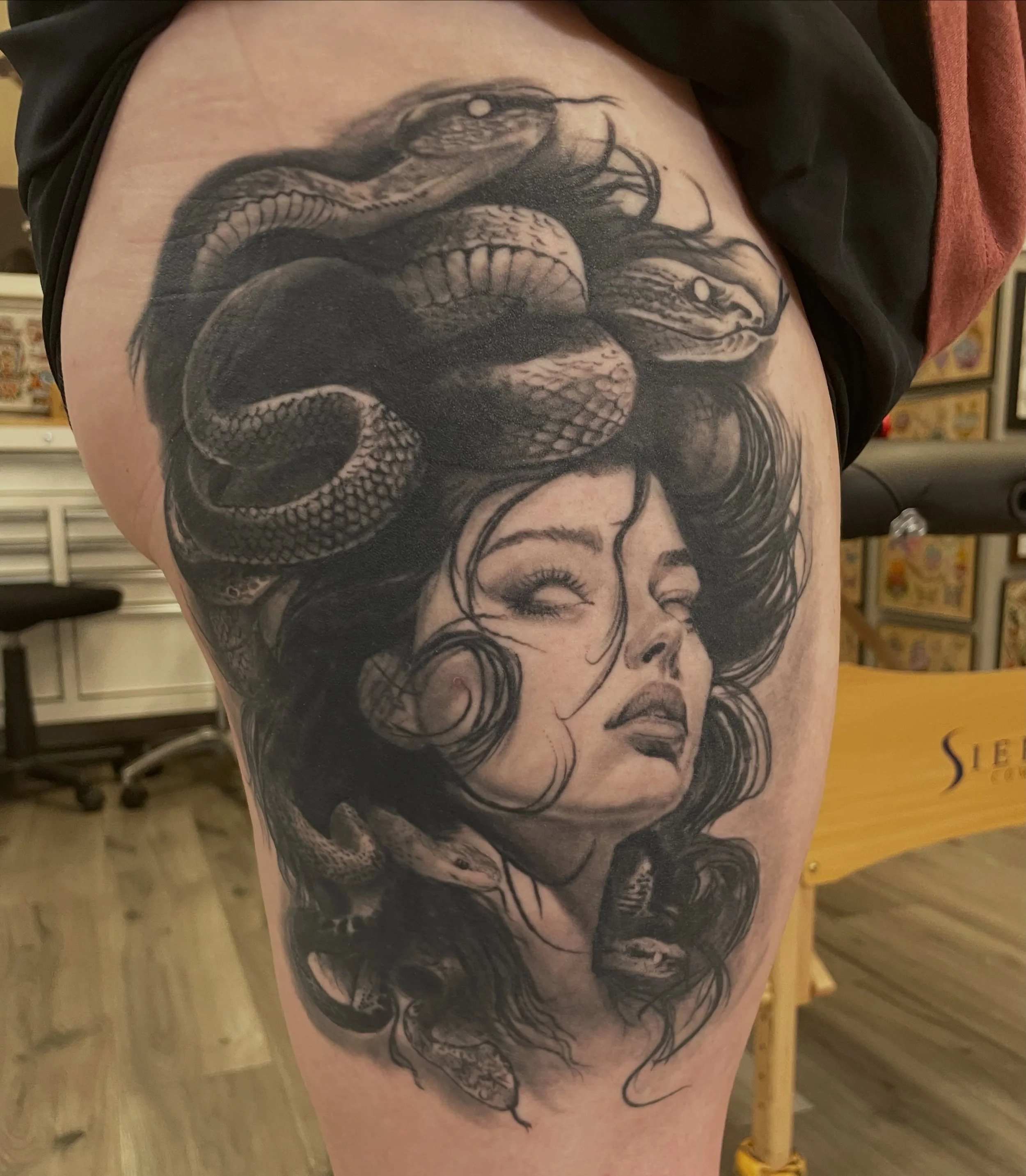 Here&rsquo;s a healed up Medusa (2 years old) by @cashusclay35_ Looking for some really good b&amp;g realism? We got you covered! (318)562-3021