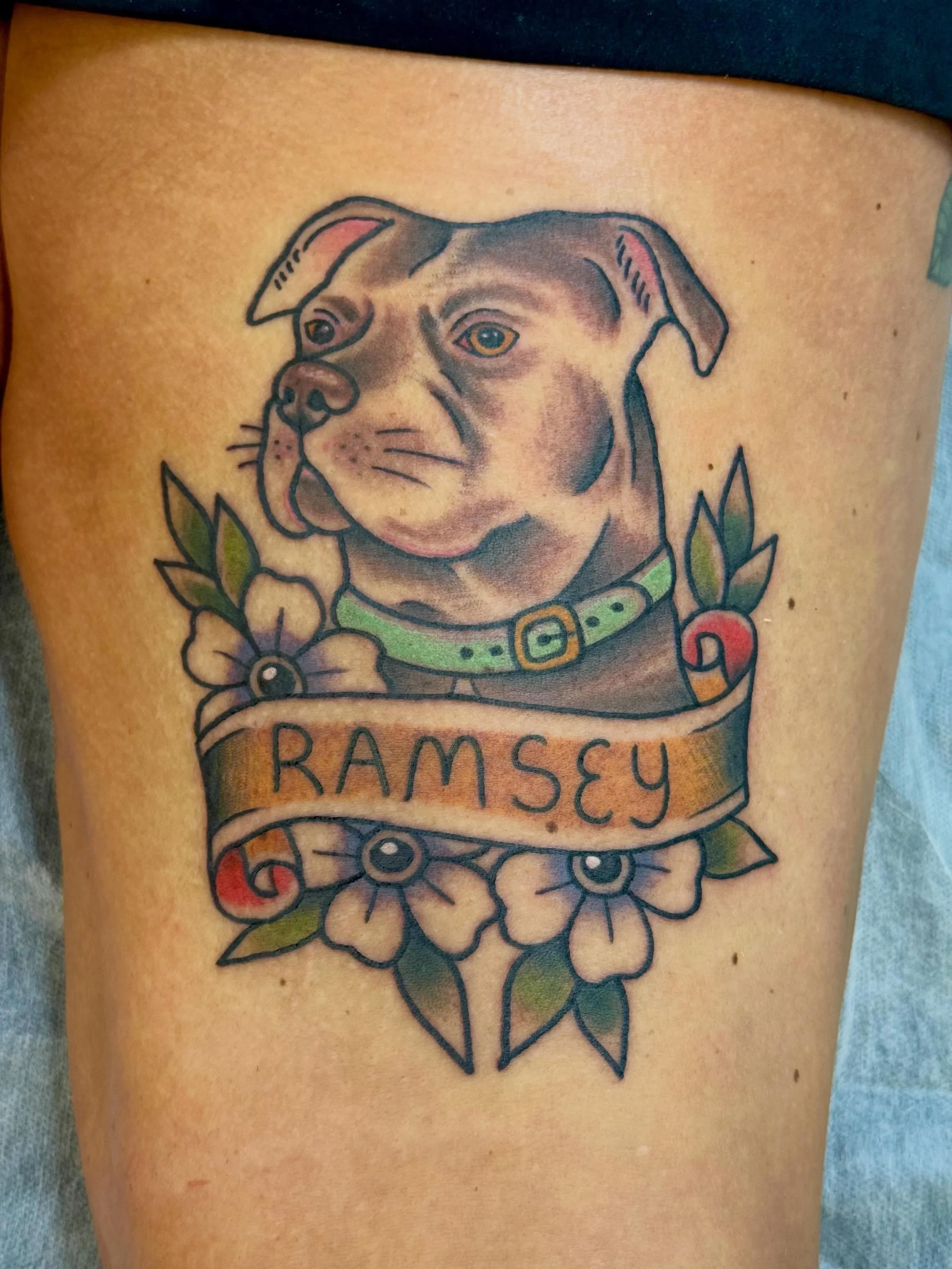 Sweet memorial piece done by @jeffpatterson_tattoo 
#petmemorialtattoo #americantraditionaltattoo #shreveportla