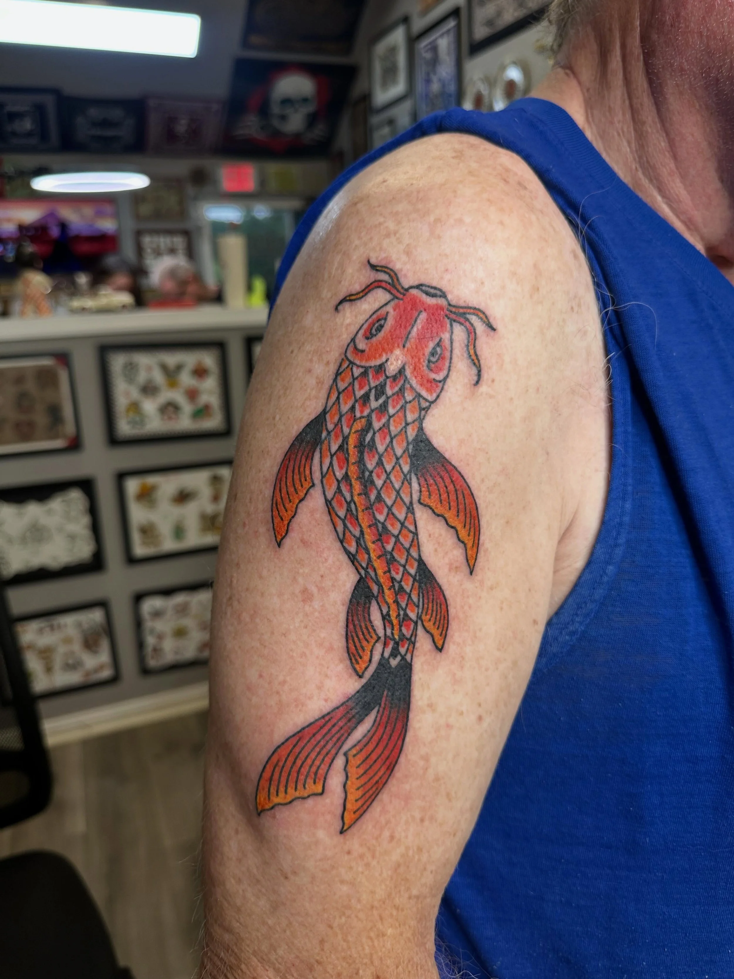 Sick koi fish done by @johnbentrup 
Walk-ins welcome!
Or reach out to an artist of choice to get on the books!
Here 12-8
(318)-562-3021☎️