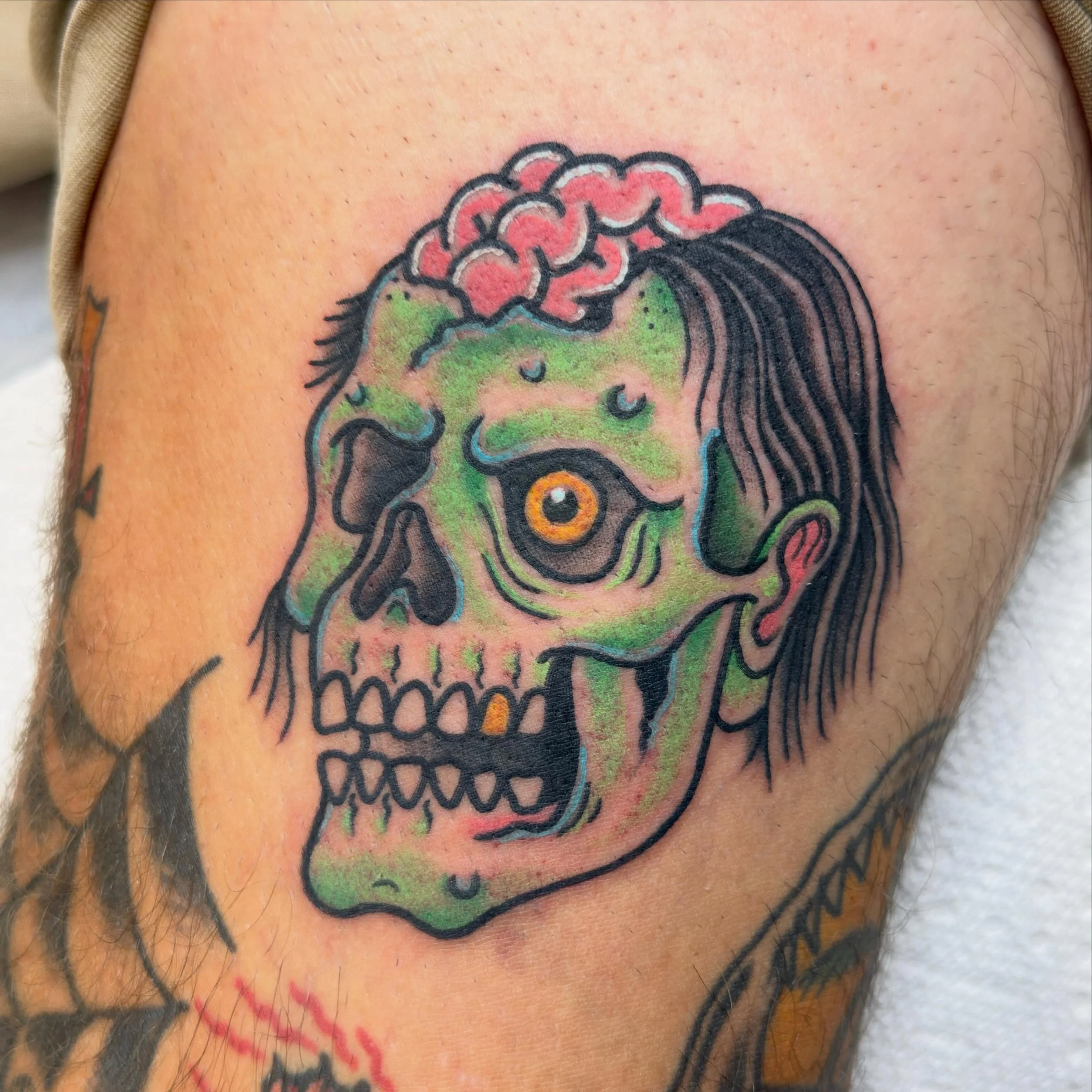 Sick ass zombie head done by @jeffpatterson_tattoo 
Walk-ins welcome!
Here 12-8
(318)-562-3021☎️
