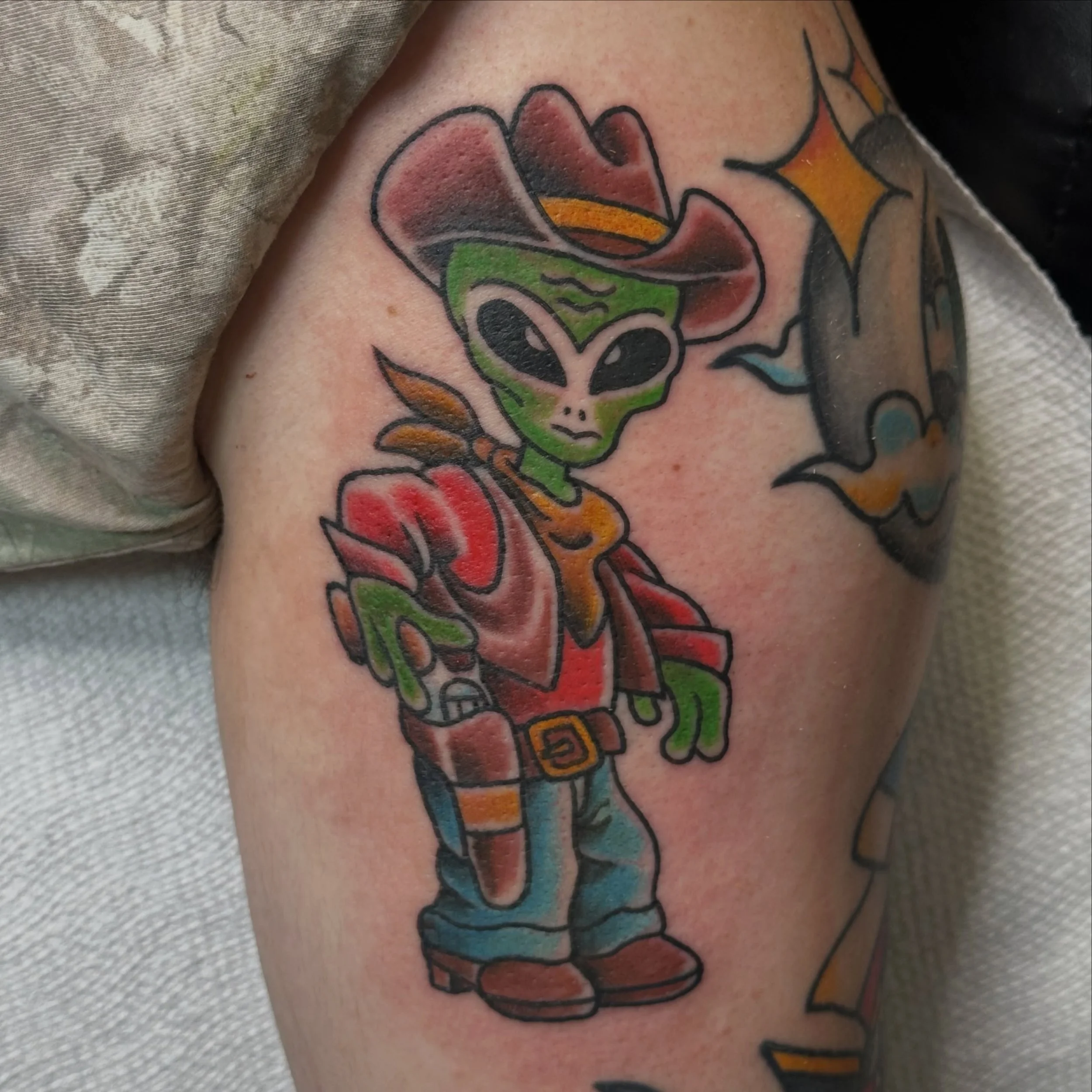 Chipping away at this Texas space themed sleeve by @shanemccormicktattoos 
Stop on in and let&rsquo;s get YOU started! (318)562-3021