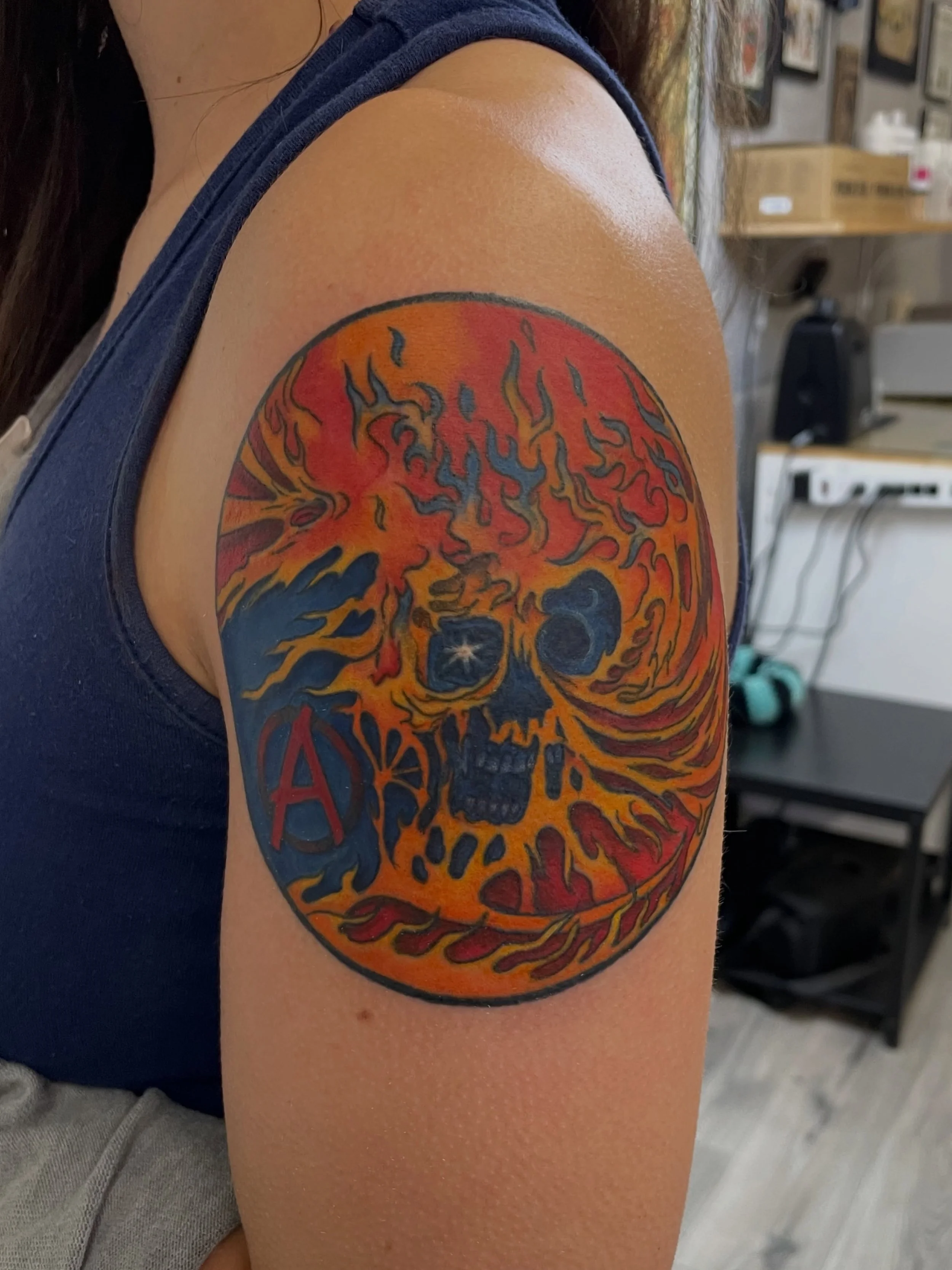 Memorial tattoo by @cashusclay35_ for clients dad from the album cover of his high school band. 
Come see us, we are here 12-8PM seven days a week! (318)562-3021