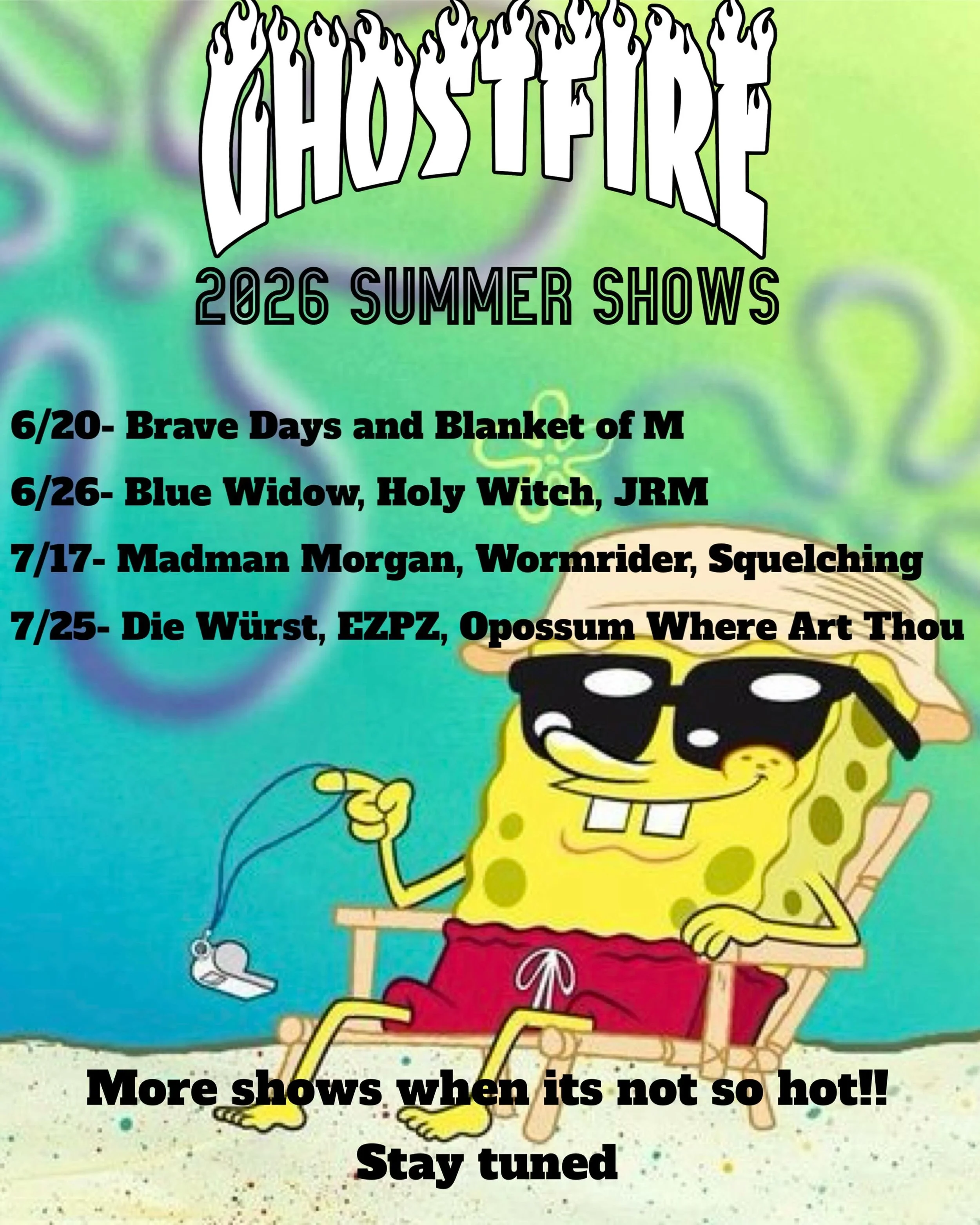 Hey hey! Here&rsquo;s all of our shows for this summer! 
We would LOVE to do more, however it&rsquo;s frickin HOT!🔥
We&rsquo;ll start booking more shows when it cools down a little but for now we have two shows this month and next month! 
6/20- @bra