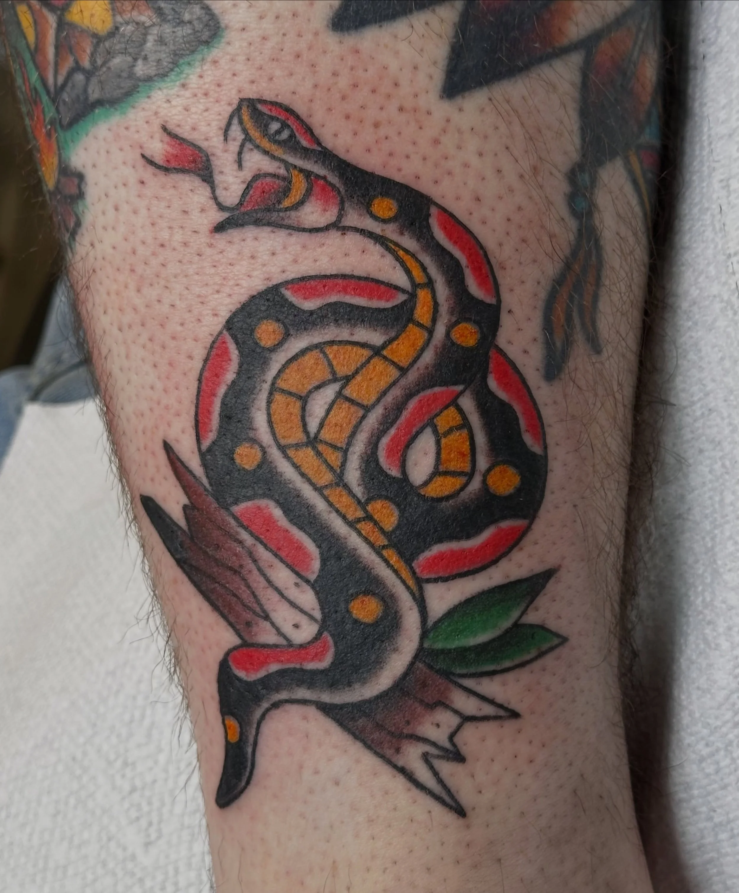 Beautiful snake by @shanemccormicktattoos Come see us, we take appointments and walk-ins daily (318)562-3021 

#shreveporttattooshop 
#traditionaltattoos