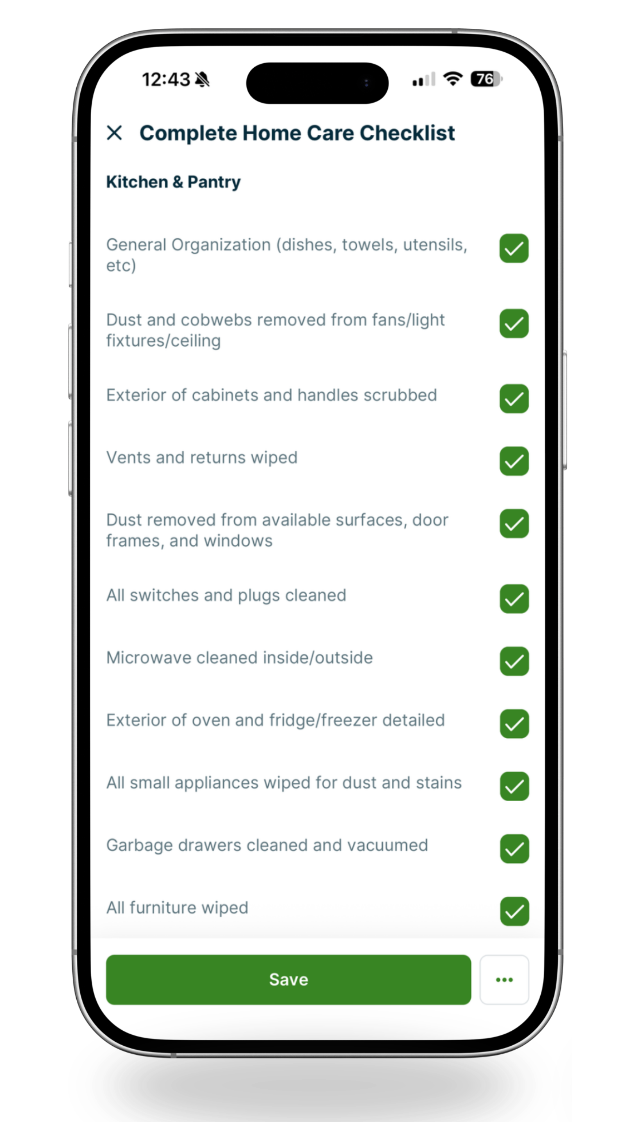 Mobile phone screen showing a home care checklist for kitchen and pantry cleaning, with checked items such as organization, dust removal, cabinet cleaning, vent wiping, surface dust removal, switch cleaning, microwave cleaning, oven and fridge detailing, small appliance wiping, garbage disposal cleaning, and furniture wiping.