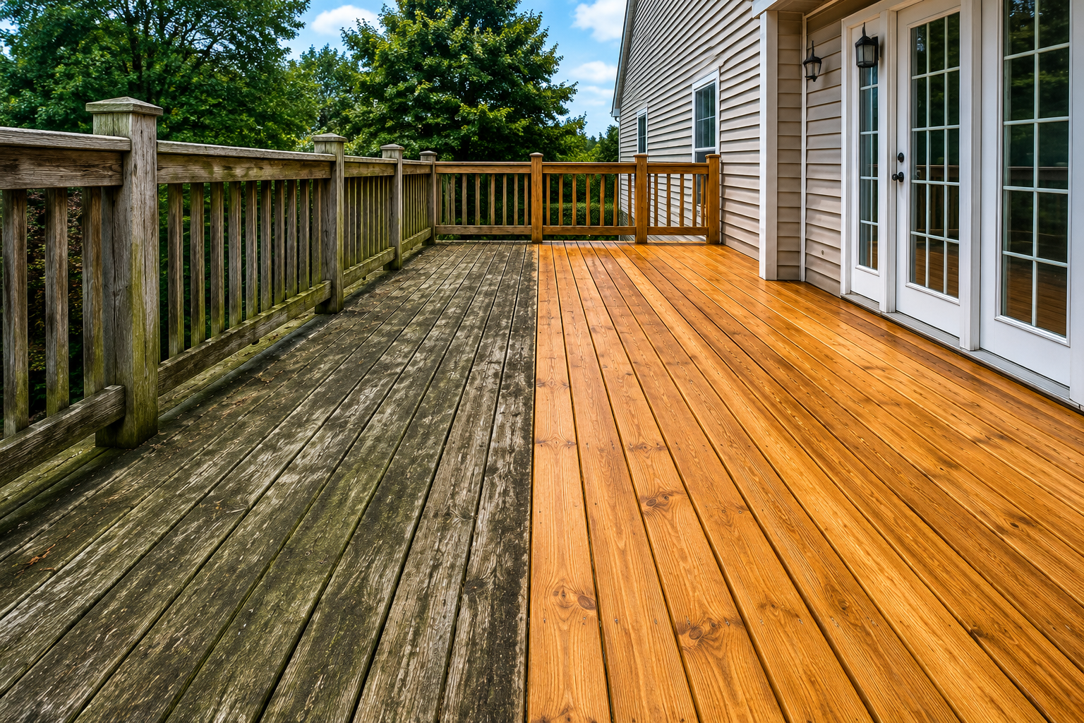 Comparison of two sections of a wooden deck, one weathered and aged, the other recently stained and finished, attached to a house with double glass doors.