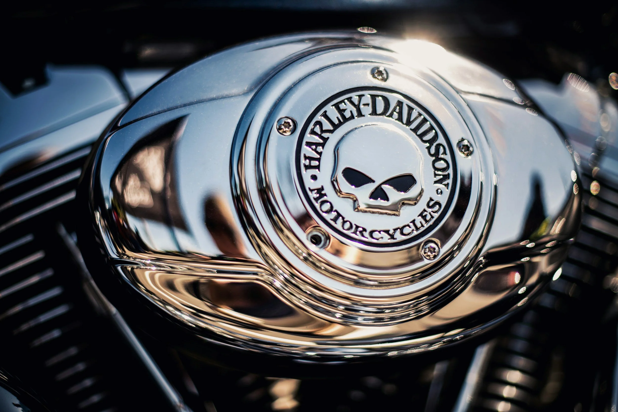 Close-up of a shiny motorcycle engine cover with the Harley-Davidson logo and a skull emblem.