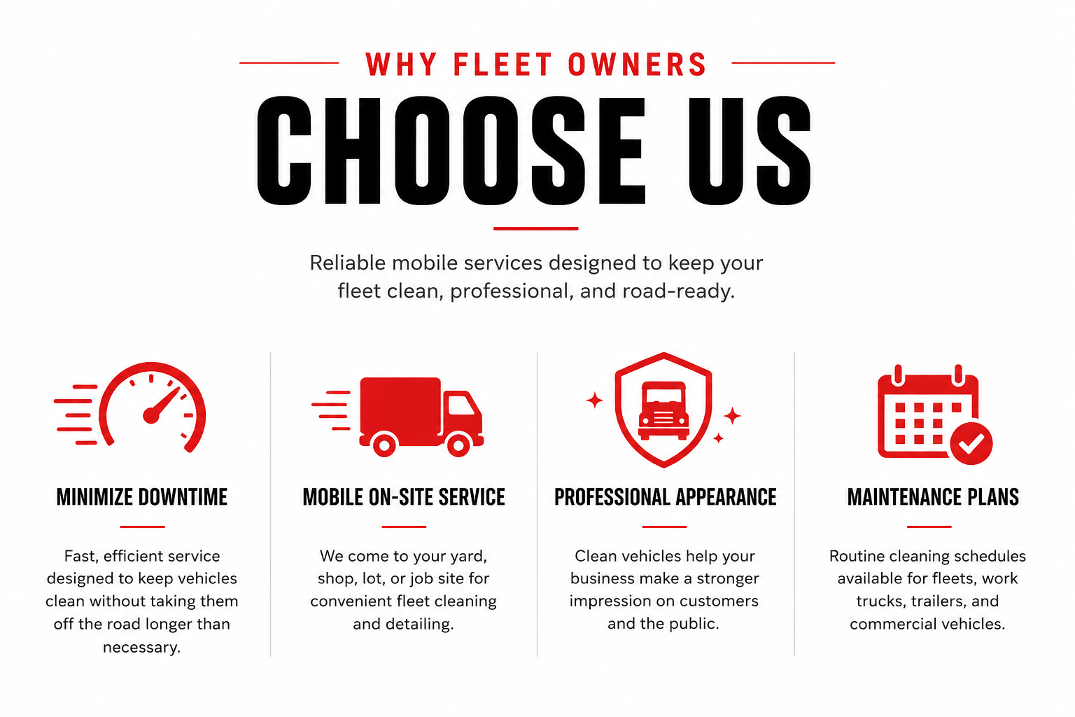 Flyer promoting vehicle fleet maintenance services with headings: "Minimize Downtime," "Mobile On-Site Service," "Professional Appearance," and "Maintenance Plans," each with icons and descriptions.
