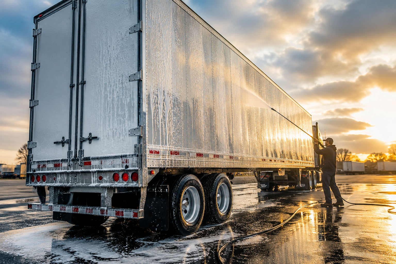 Person washing the inside of a large semi-truck trailer in an open lot at sunset.