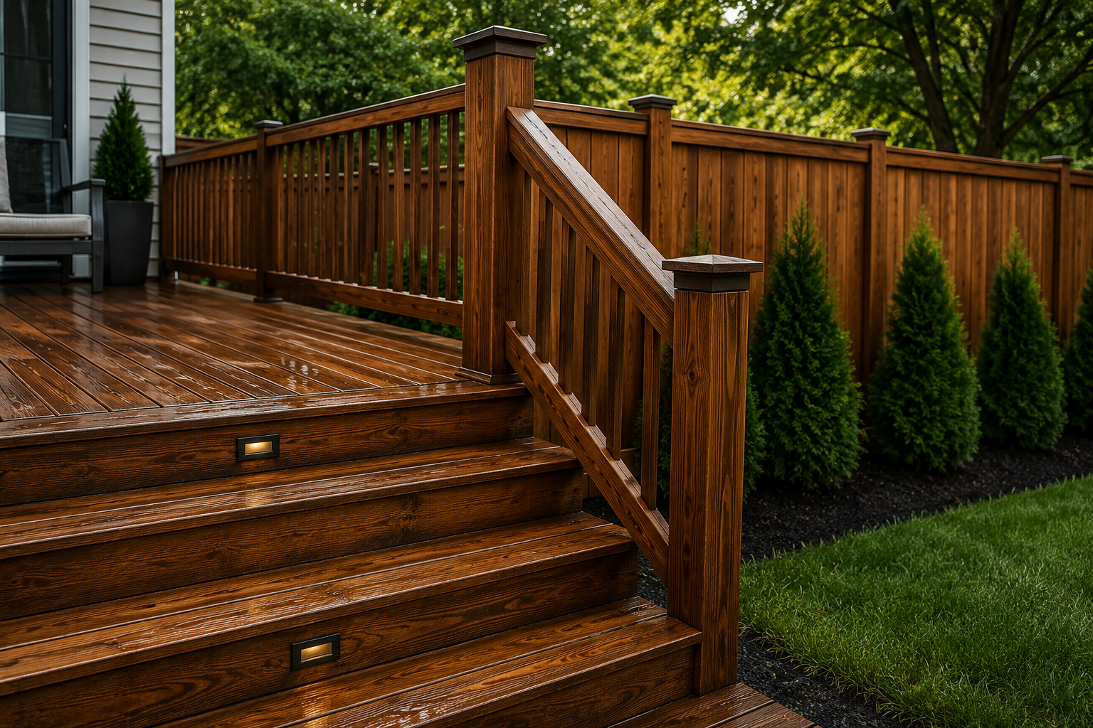 Wooden deck with stairs, railing, and landscape lighting, surrounded by greenery and small trees.