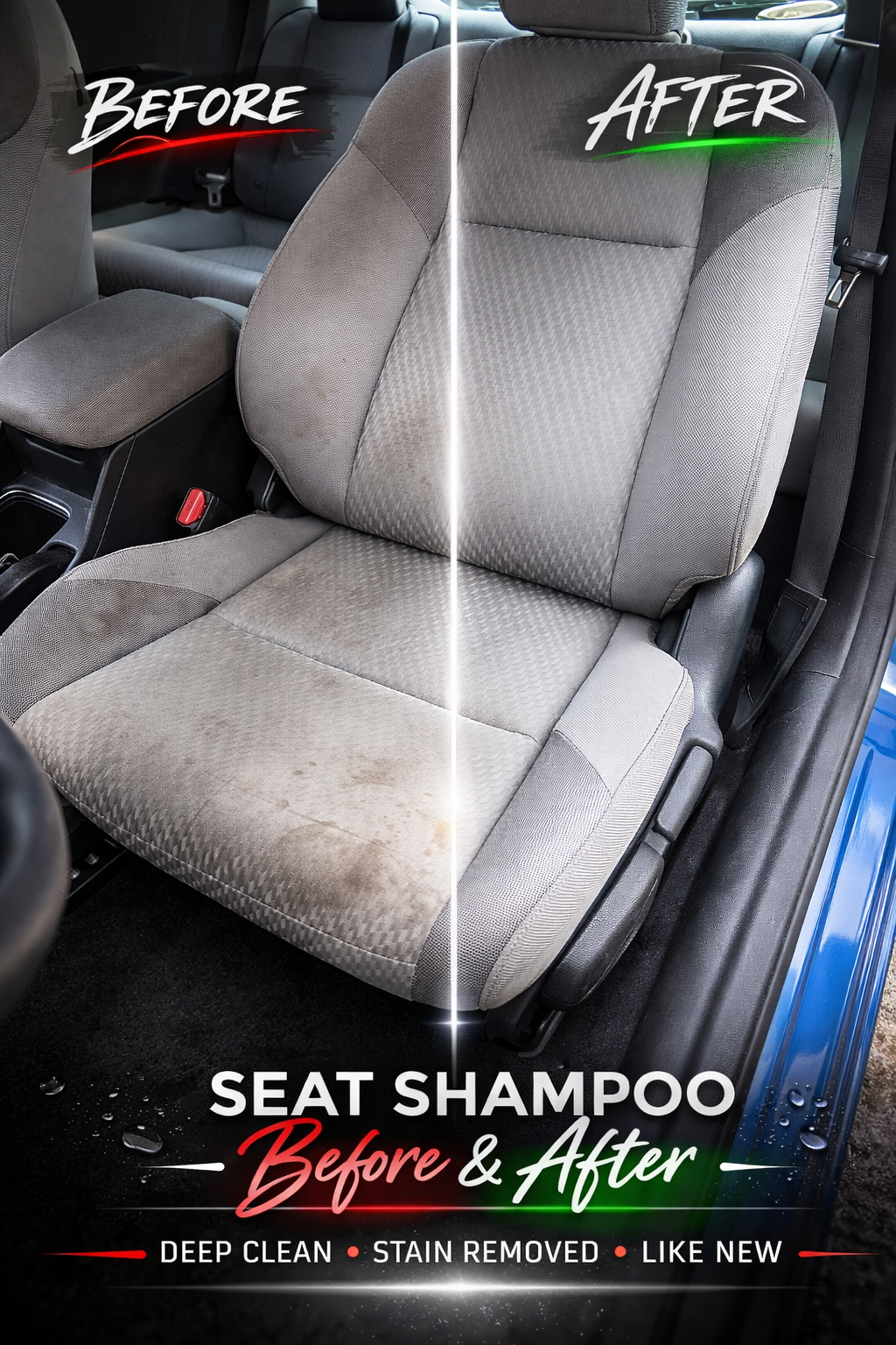 Side-by-side comparison of a car seat before and after cleaning. The left side shows a dirty, stained seat, and the right side shows a clean, stain-free seat.