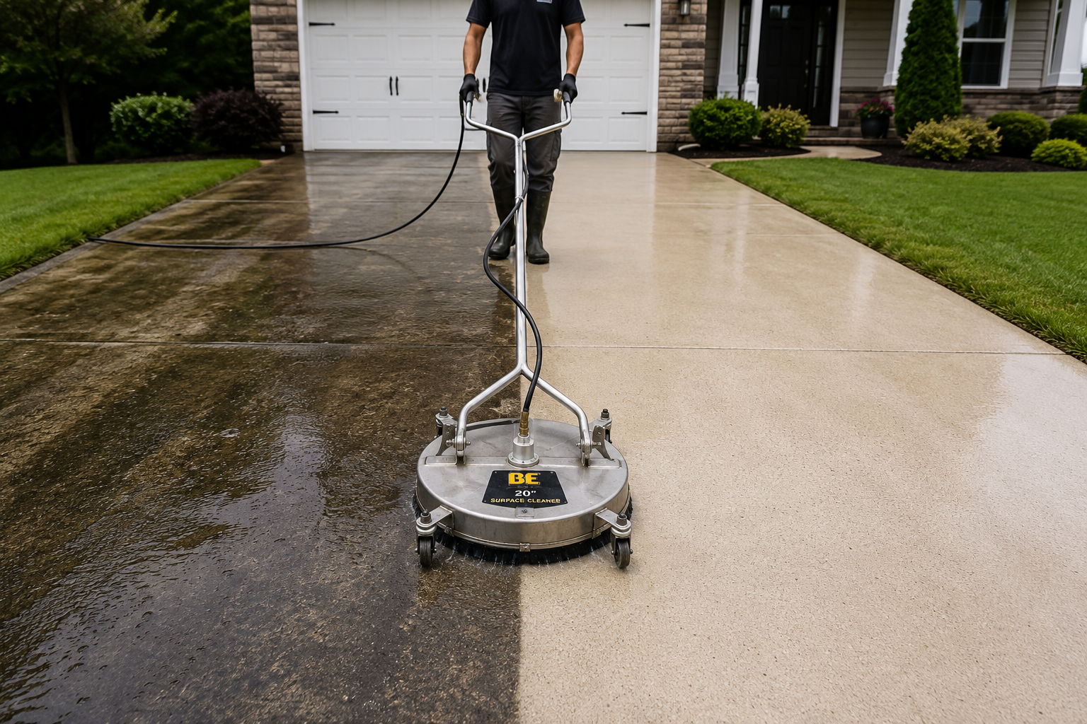 Person using a power scrubber on a concrete driveway, cleaning from wet dark section to dry light section, in front of a suburban house.