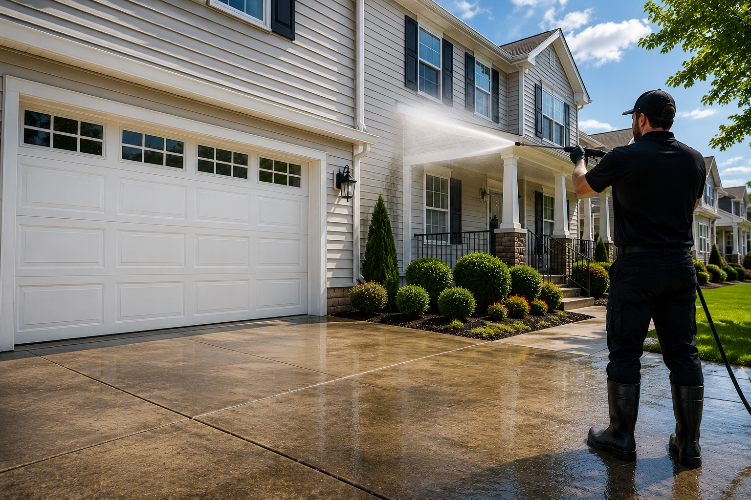 A man wearing black clothing and boots pressure washing the driveway of a suburban house under a blue sky.