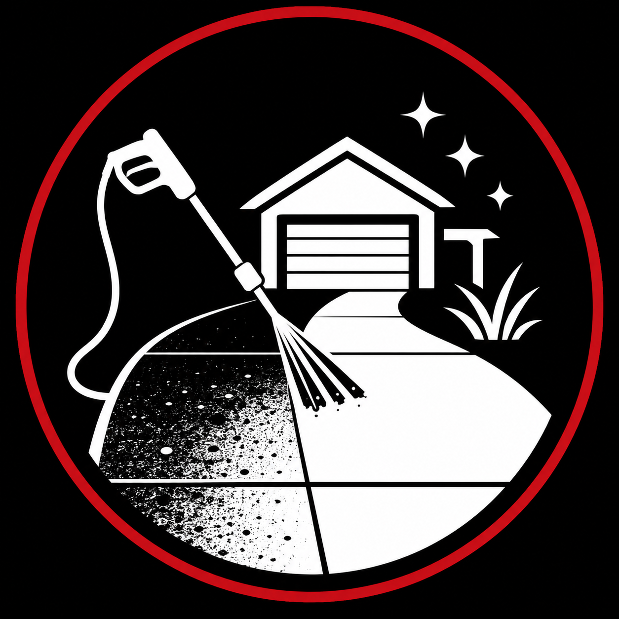 A graphic illustration of a cleaning tool spraying bleach onto a driveway with a garage, plants, and stars in the background, inside a red circle.