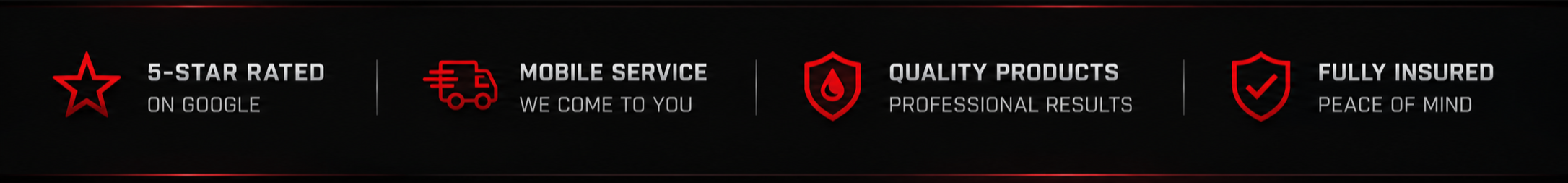 A promotional banner with four sections: 1) 5-star rated on Google with a red star icon, 2) Mobile service with a delivery truck icon and the text 'We come to you,' 3) Quality products with a shield and flame icon, 4) Fully insured with a shield and checkmark icon.