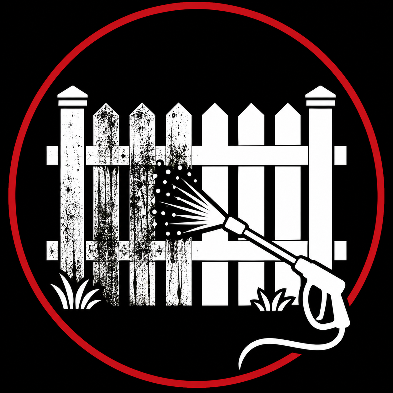 A black and white illustration of a spray nozzle spraying a fence with some wear and tear, with vegetation at the bottom, inside a circular red border.