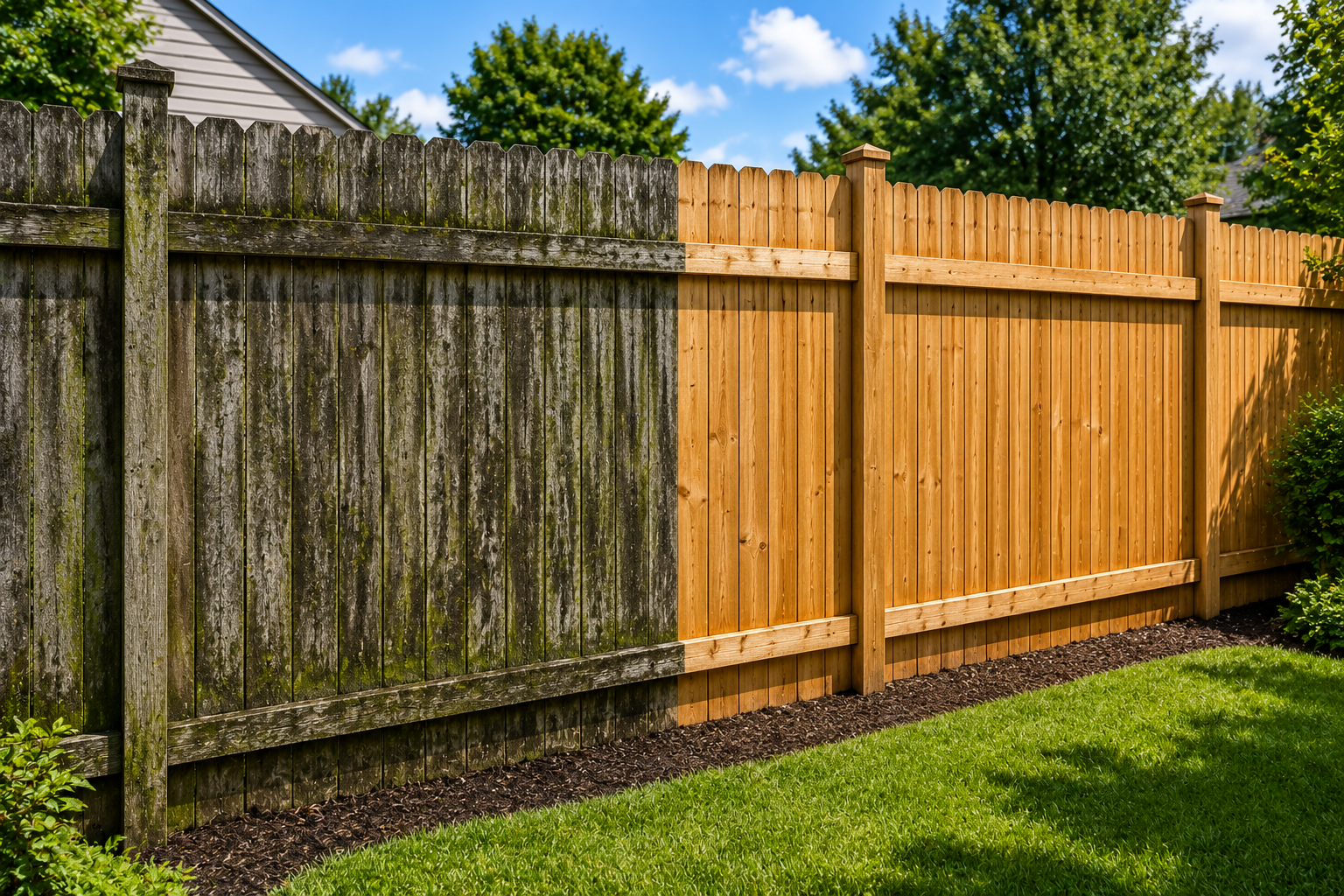 A wooden fence in a backyard with two different sections: one weathered and moss-covered wood, and one new, light-colored wood. There is green grass and shrubs in front, with trees and a blue sky in the background.