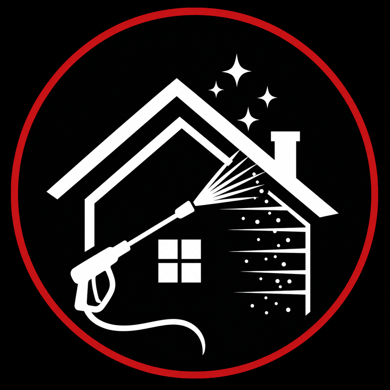 Illustration of a house being pressure washed with cleaning spray, stars and sparkles above, suggesting cleaning or renovation.