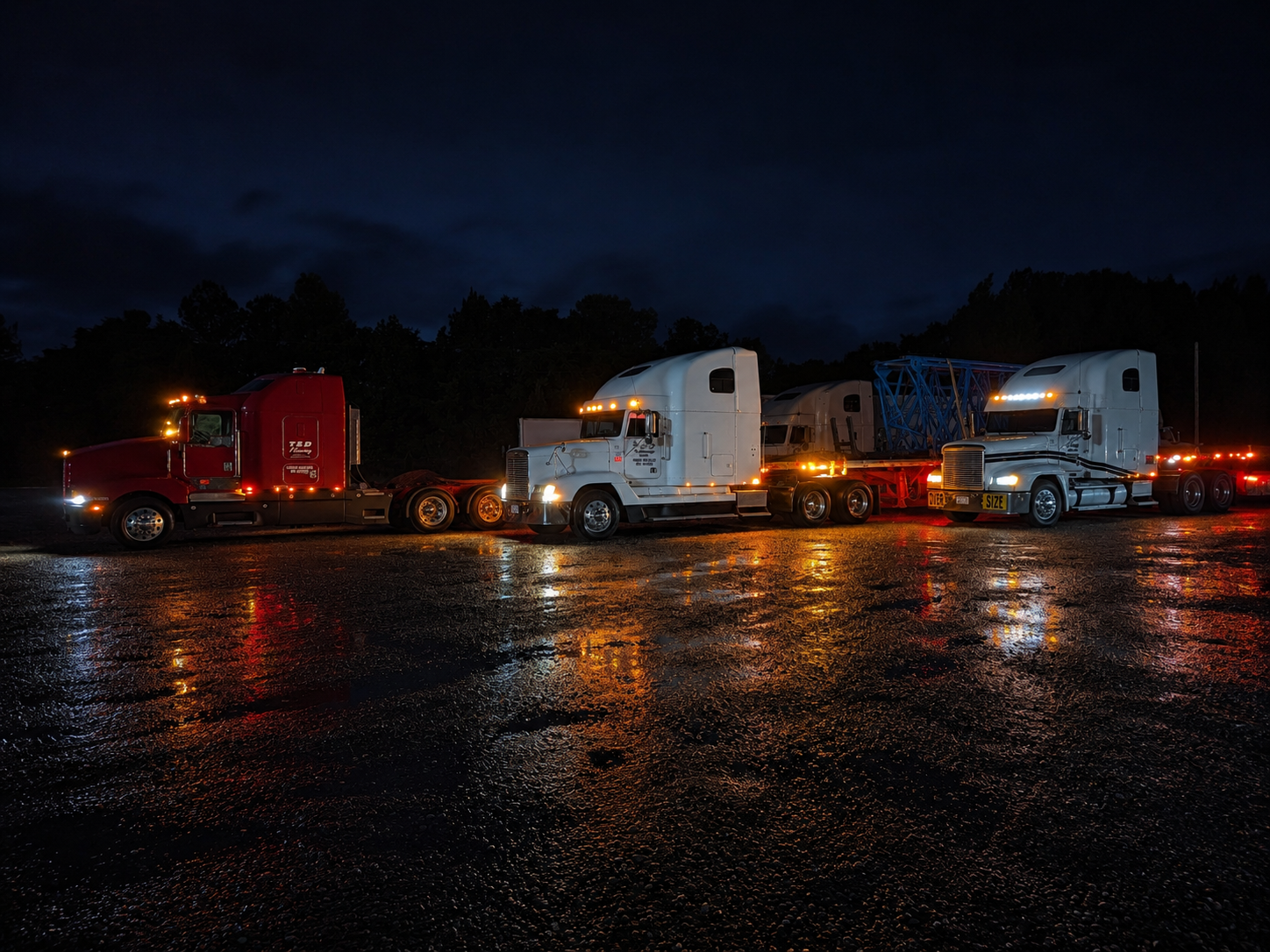 Semi fleet with lights on at night