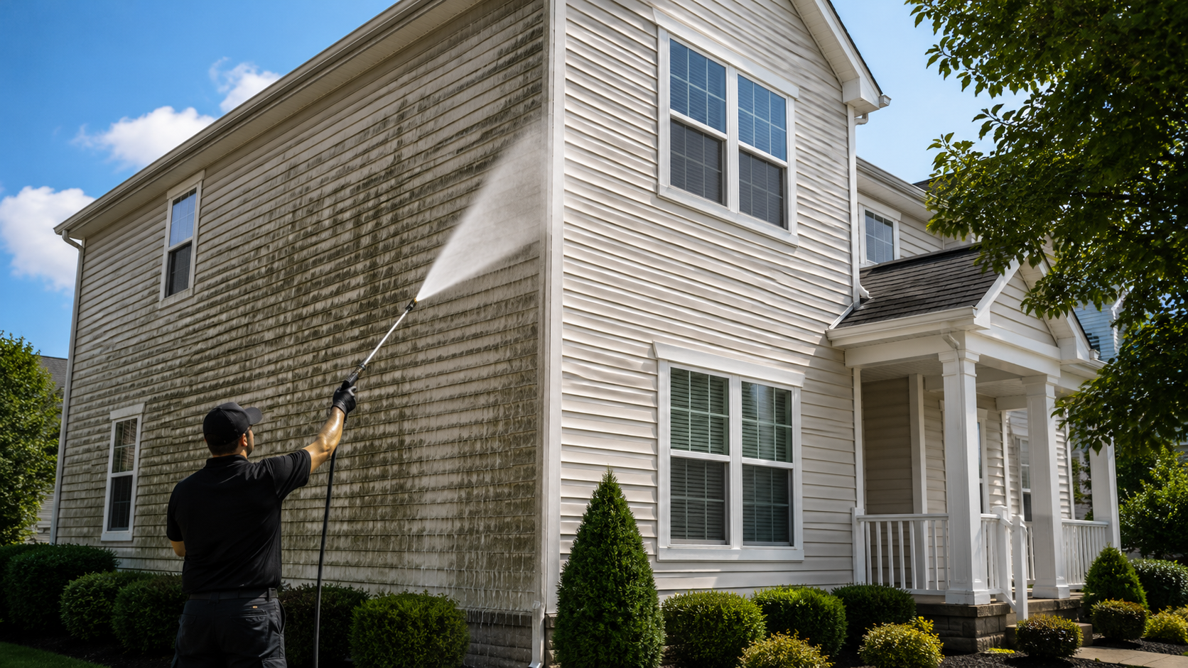 A person power washing the side of a two-story house with white siding, which is stained and dirty. The house has gardening bushes and trees around it, and clear blue sky in the background.