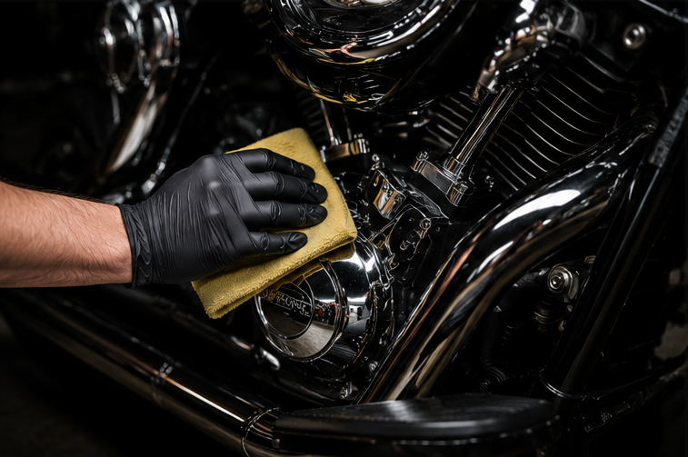 Chrome being polished on a motorcycle