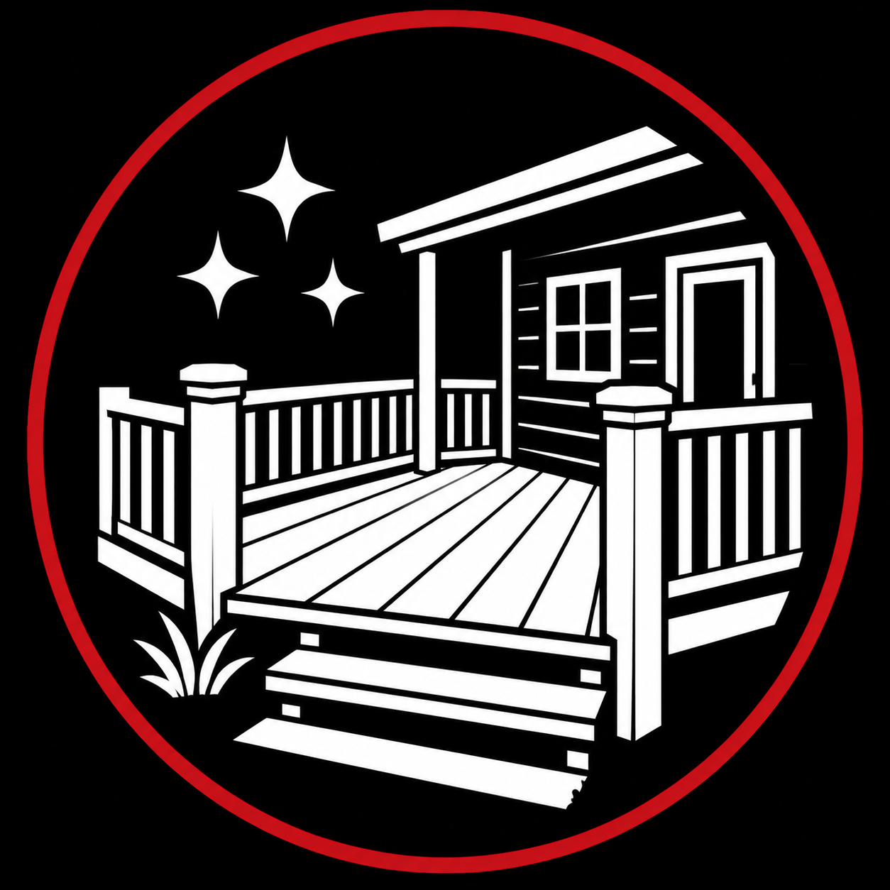 Black and white illustration of a house's porch with railing, stairs, and a window, surrounded by a red circle with three stars in the background.
