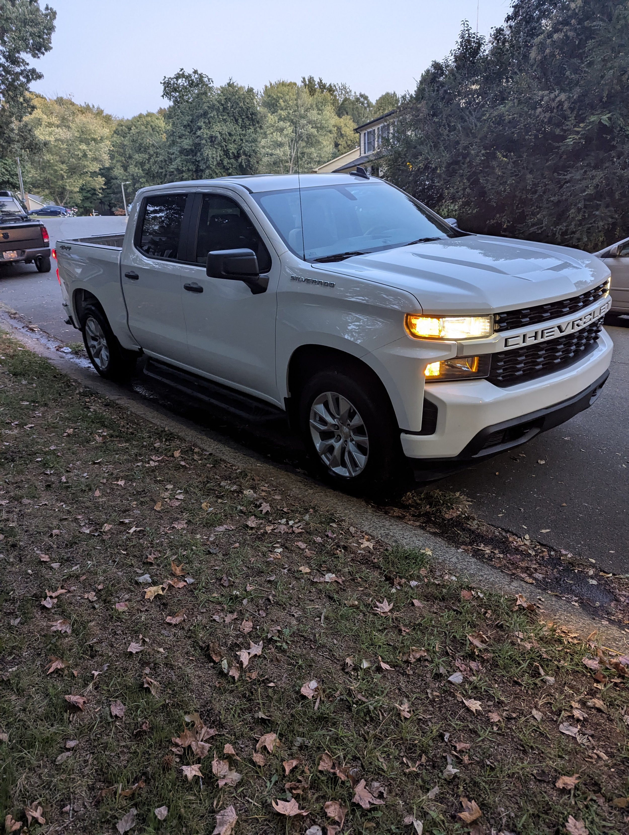 A white Chevrolet Silverado pickup truck parked on the side of a suburban street with trees and houses in the background, and fallen leaves on the grass.