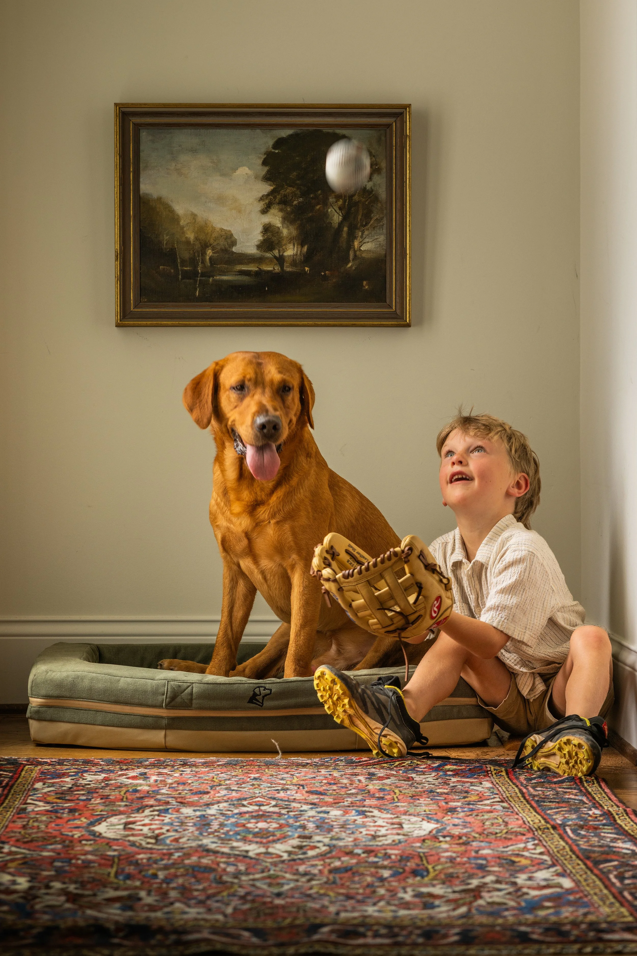 A young boy sitting on a patterned rug, holding a baseball glove, with a brown dog sitting on a dog bed beside him. The boy is smiling and looking up, while the dog is looking at the camera with its tongue out. There is a framed landscape painting on