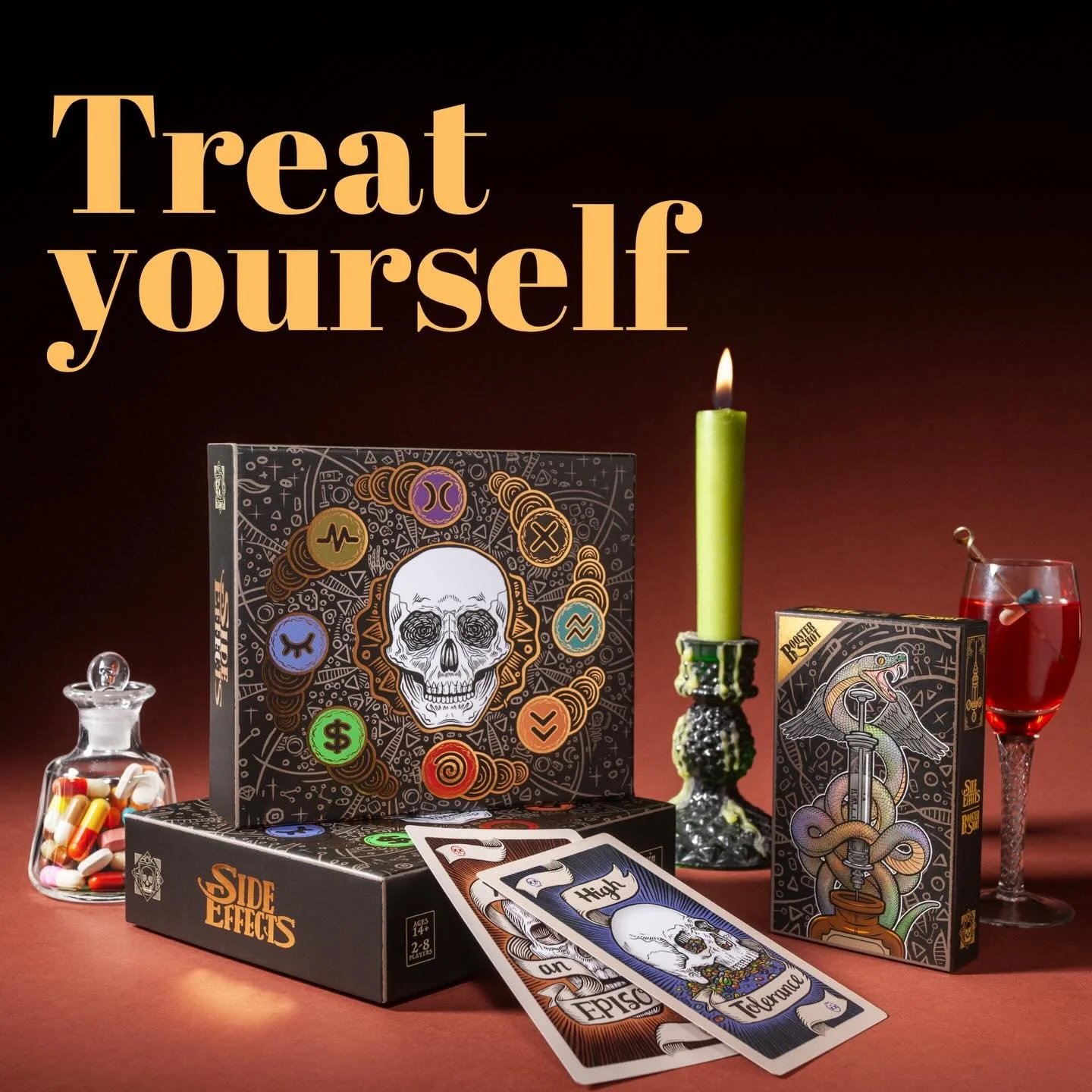 Side Effects | 2 to 8 players | 10 to 30 mins

A backstabby game of mental health and medication. Trigger episodes or go to Therapy. Nominated for indie game of the year at SXSW. Expansion packs available!