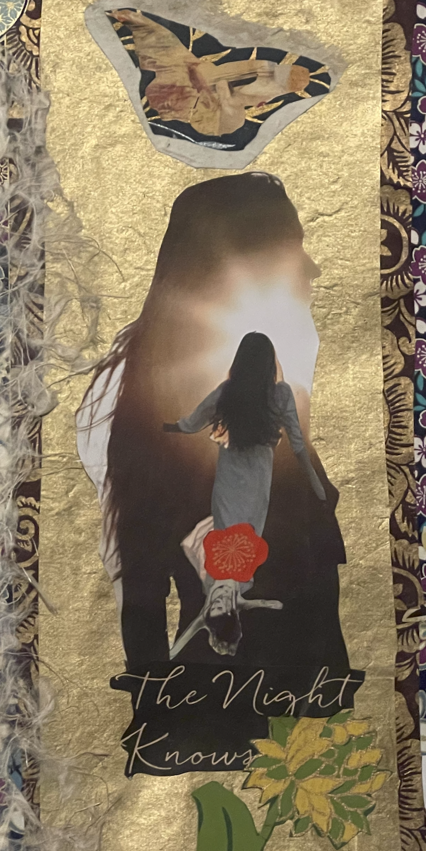A collage featuring a silhouette of a woman against a bright light, surrounded by textures and patterns with gold background, a torn paper head, a red flower, and text that reads "The Night Knows."