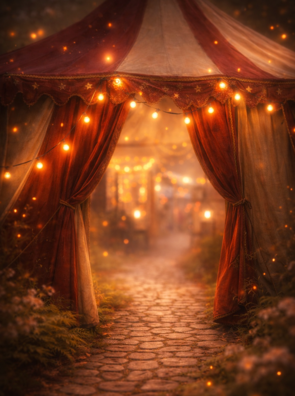 A warmly lit Carnival entrance with red curtains, glowing lights, and a path leading inside.