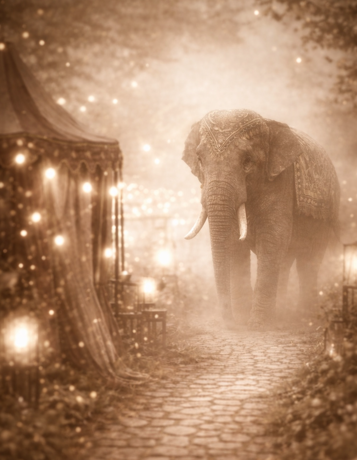 A mythic sepia-toned elephant walking through a glowing Carnival filled with lights and mist.
