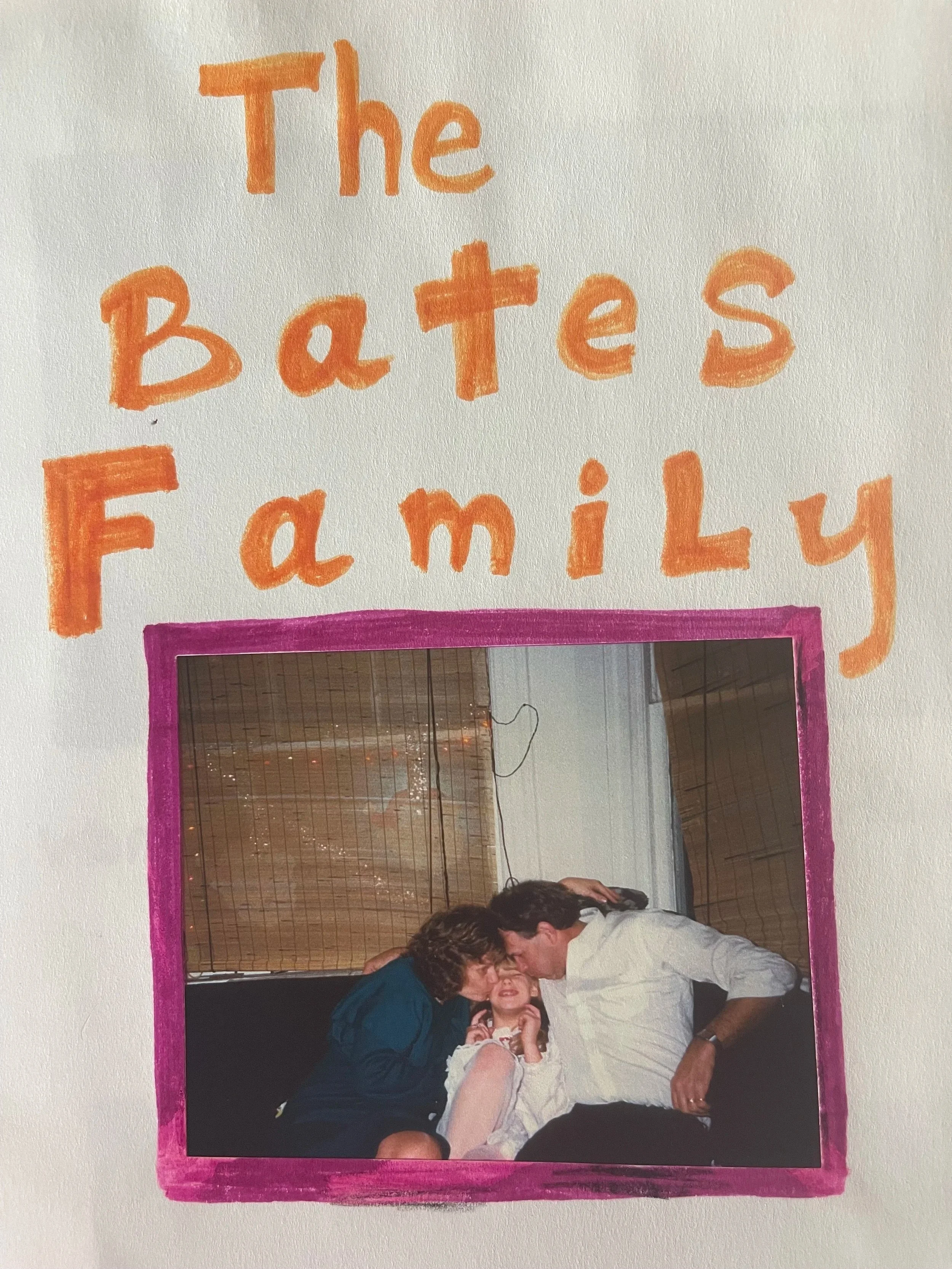 Mixed-media family artwork by Jocelyn Bates, featuring a childhood photograph with her parents beneath the words “The Bates Family.”