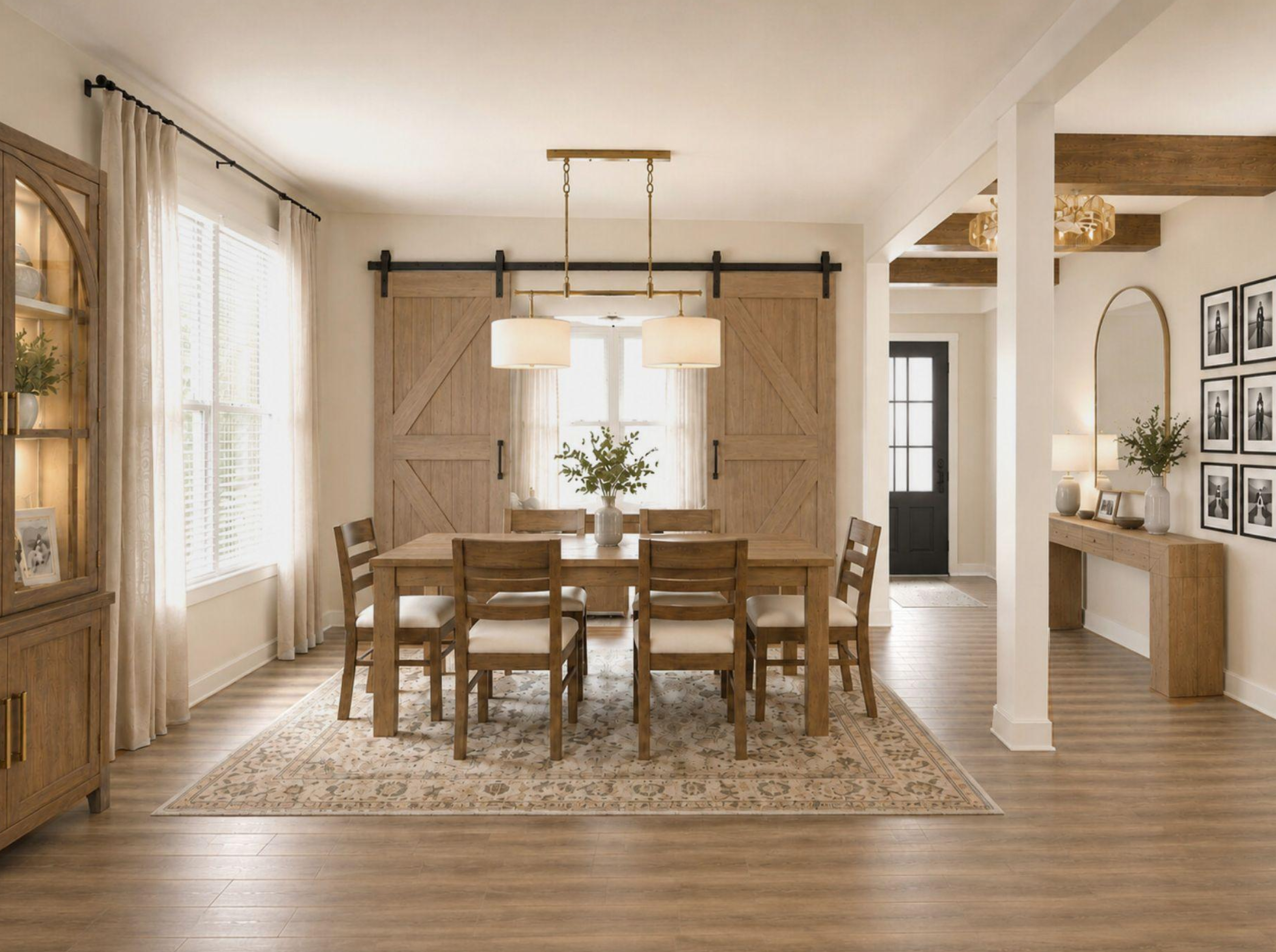 A dining room with a wood table and six chairs, a patterned area rug, a chandelier, and natural light coming through large windows with light curtains. There are sliding barn doors in the background, a wall with framed black-and-white photos, and a sideboard with decorative vases and a plant.
