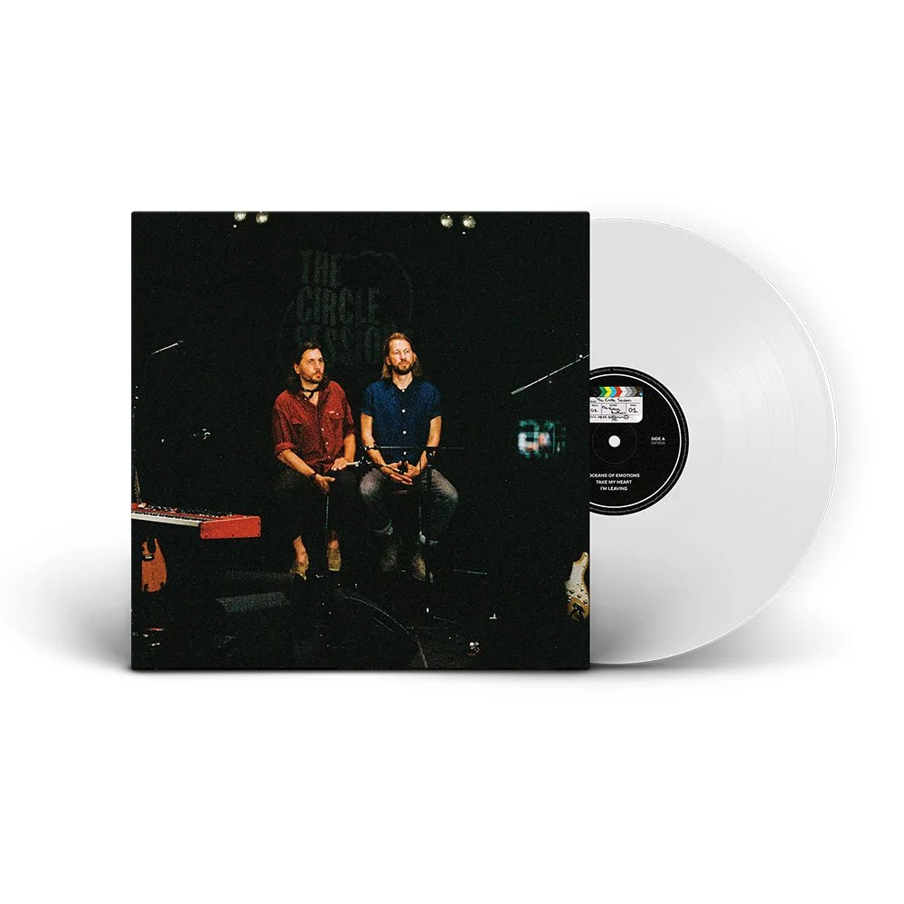 Vinyl sleeve depicting The Teskey Brothers sitting in front of The Circle Sessions banner, with white record