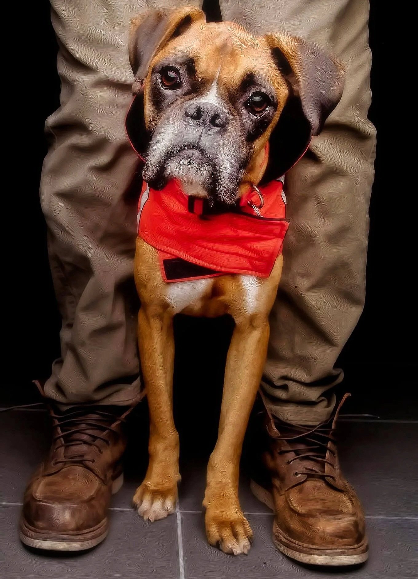 boxer dog standing in front of man in green pants and work boots