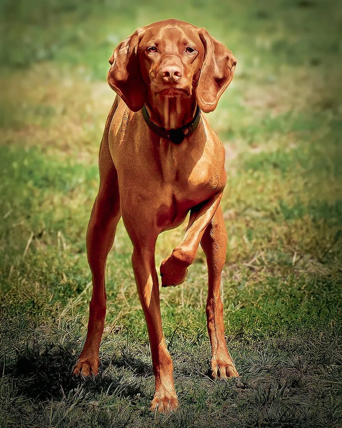 beautiful Vizsla dog in a three point stance