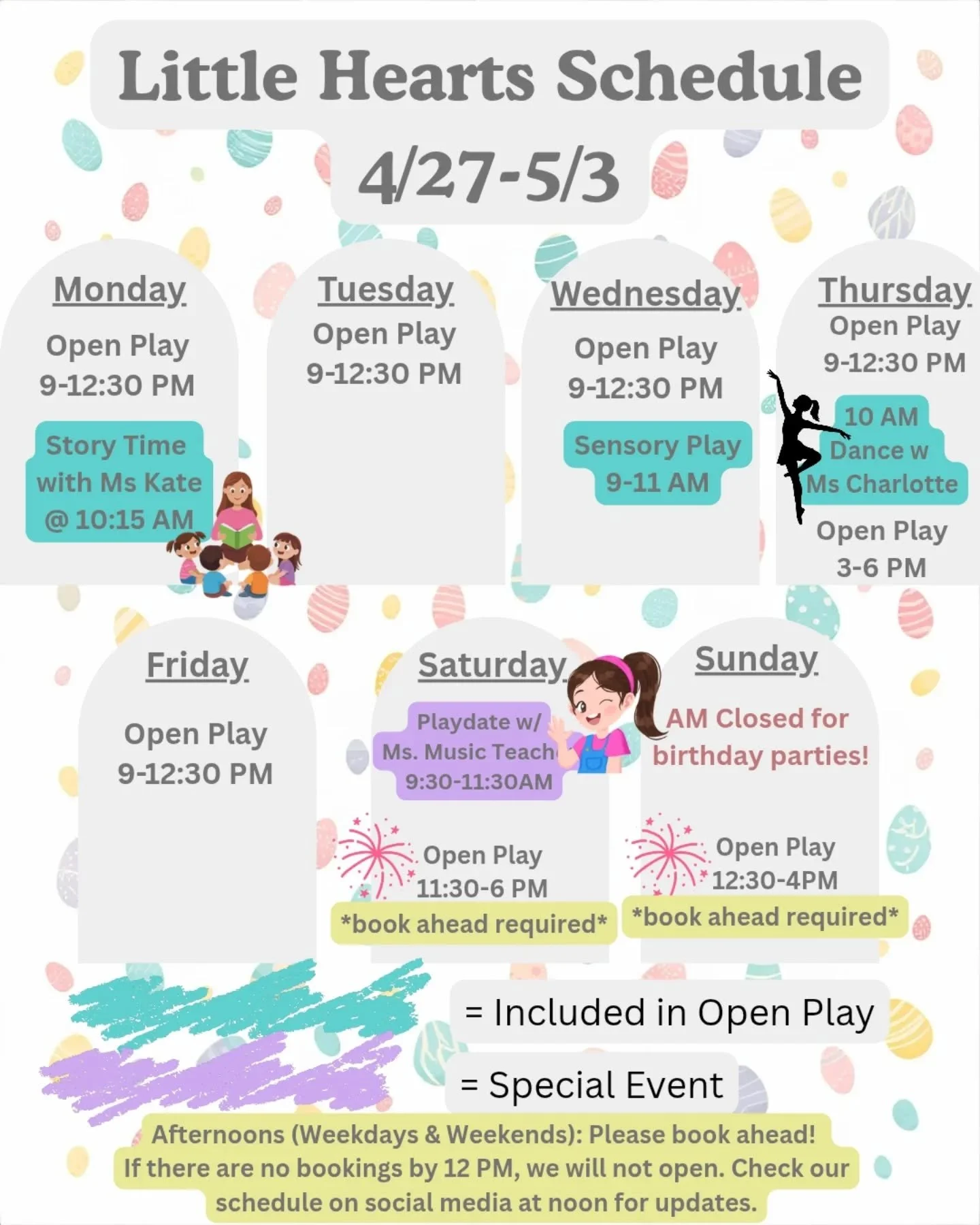 IMPORTANT MESSAGE: We understand the weather is changing, and with that comes schedule changes for the playroom.
The days with scheduled afternoon play will require booking by members and non-members. 
If we do not have bookings by 12 (of course we h