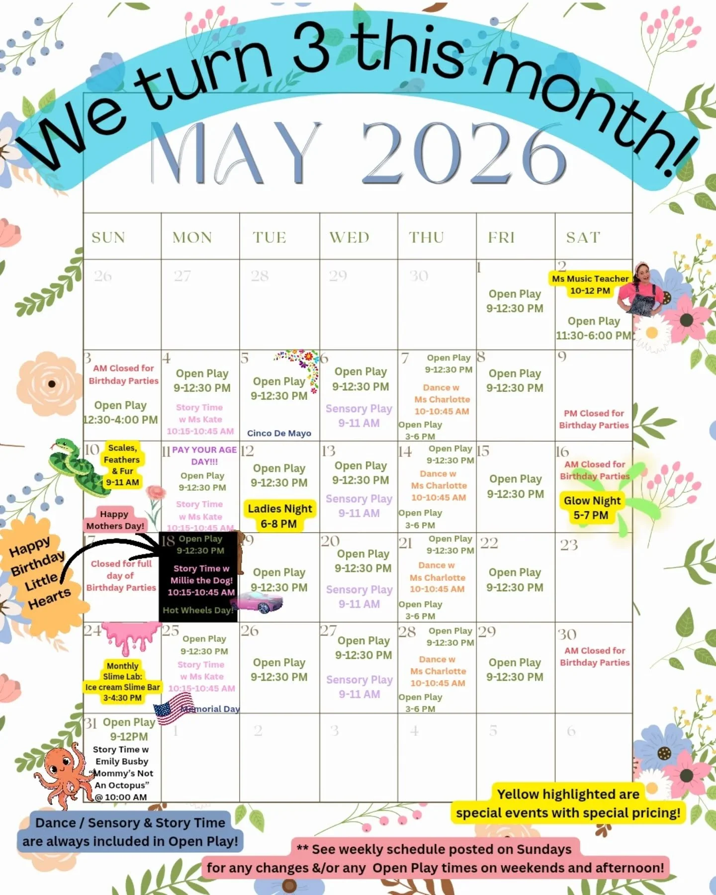 Can you believe we have had our doors OPEN for 3 years?!
Time is wild!

Please take a moment to check out all of the fun we have for you this month! 

There are separate posts for each of our special events going on. 

Saturday 5/2 - Playdate with Ms