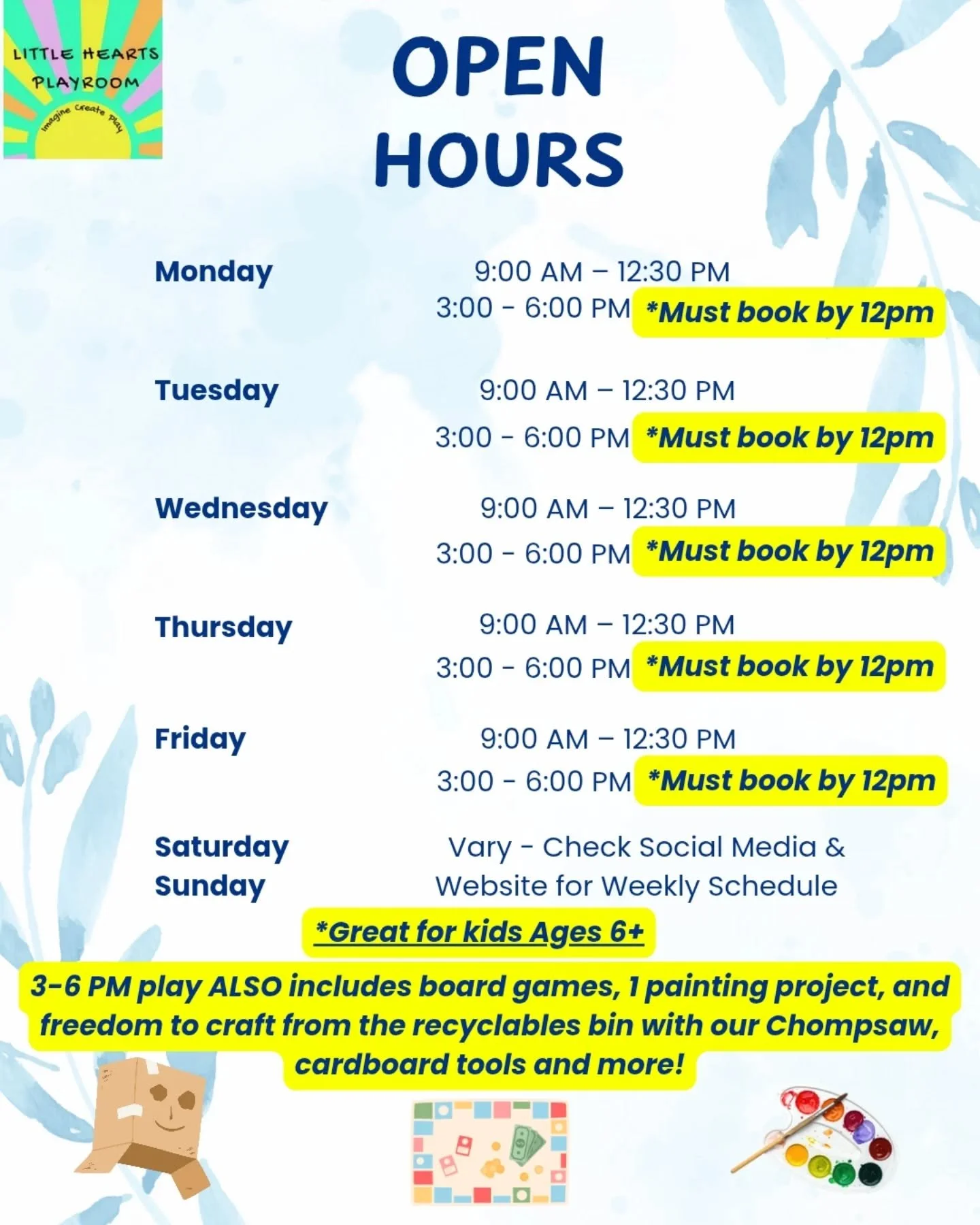 ​BIG NEWS: We&rsquo;re updating our hours to bring more play to everyone!

We&rsquo;re opening up more options to keep older kids (up to age 12!) fully engaged. From boardgames and small painting projects to using fun building tools like our Chompsaw