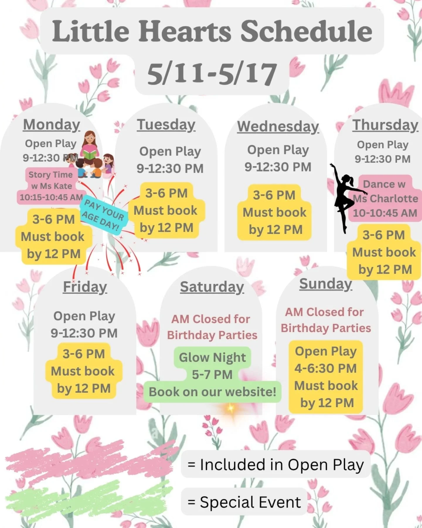 What a week ahead!
IMPORTANT REMINDER: Afternoon play must be booked by 12PM to  ensure we will open. 
We are super excited to offer afternoon play each day, but we just don't want to open if it's an absolutely beautiful afternoon and no one comes in